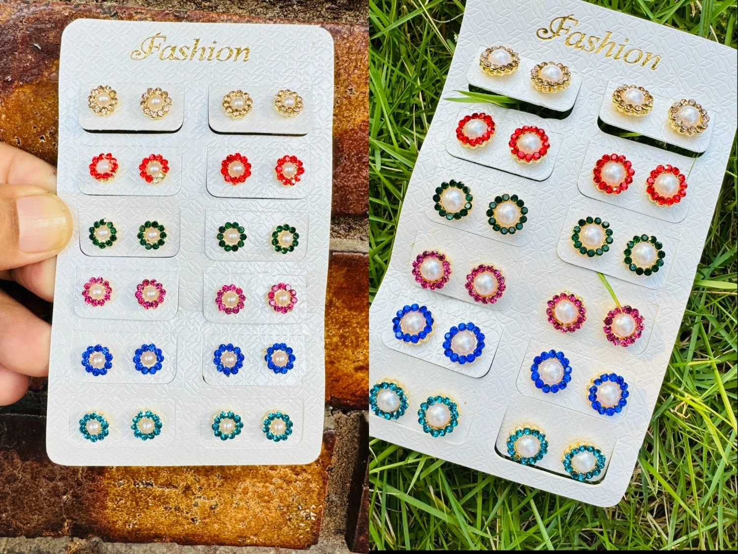 Rose gold color cute small round pearl stud earring with red, maroon, blue, green, black, gold color stone for women and girl