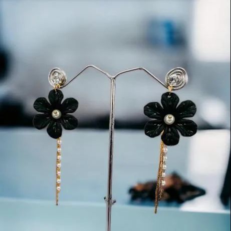 Gold plated stylish beautiful earring with black flower and white stone pearl and gold line drop earring for women and girl