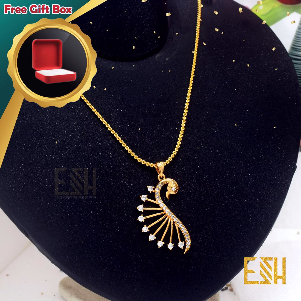 Gold Plated ESH 1.5MM Diamond Chain 18/24 Inch With Rich Look Big slim Peacock theme pendant Durable Combo jewellery For Women Love Gift
