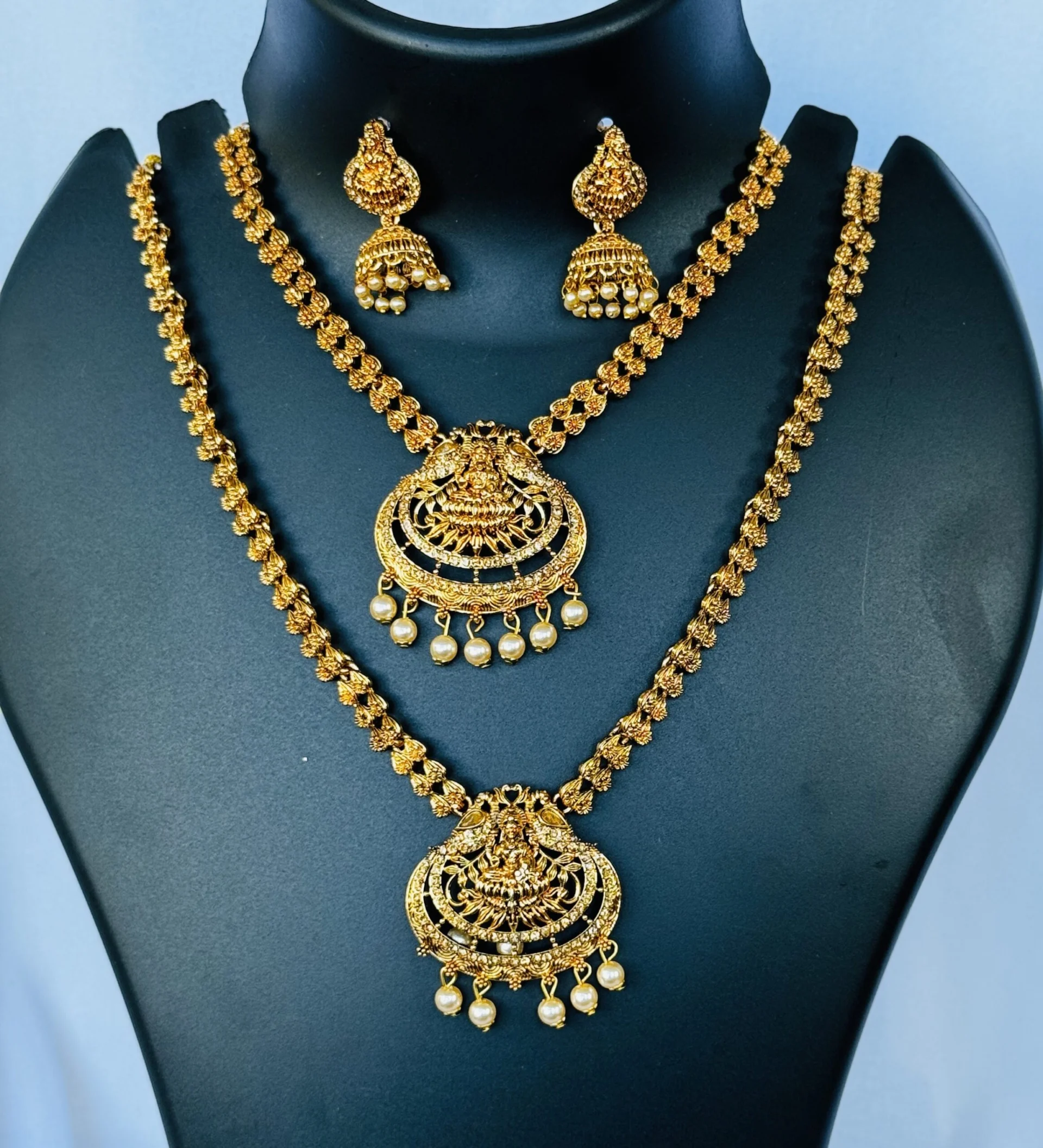Dull gold color adjustable double fashion necklace set with one pair earring and gold stone, off white pearl for women and girl