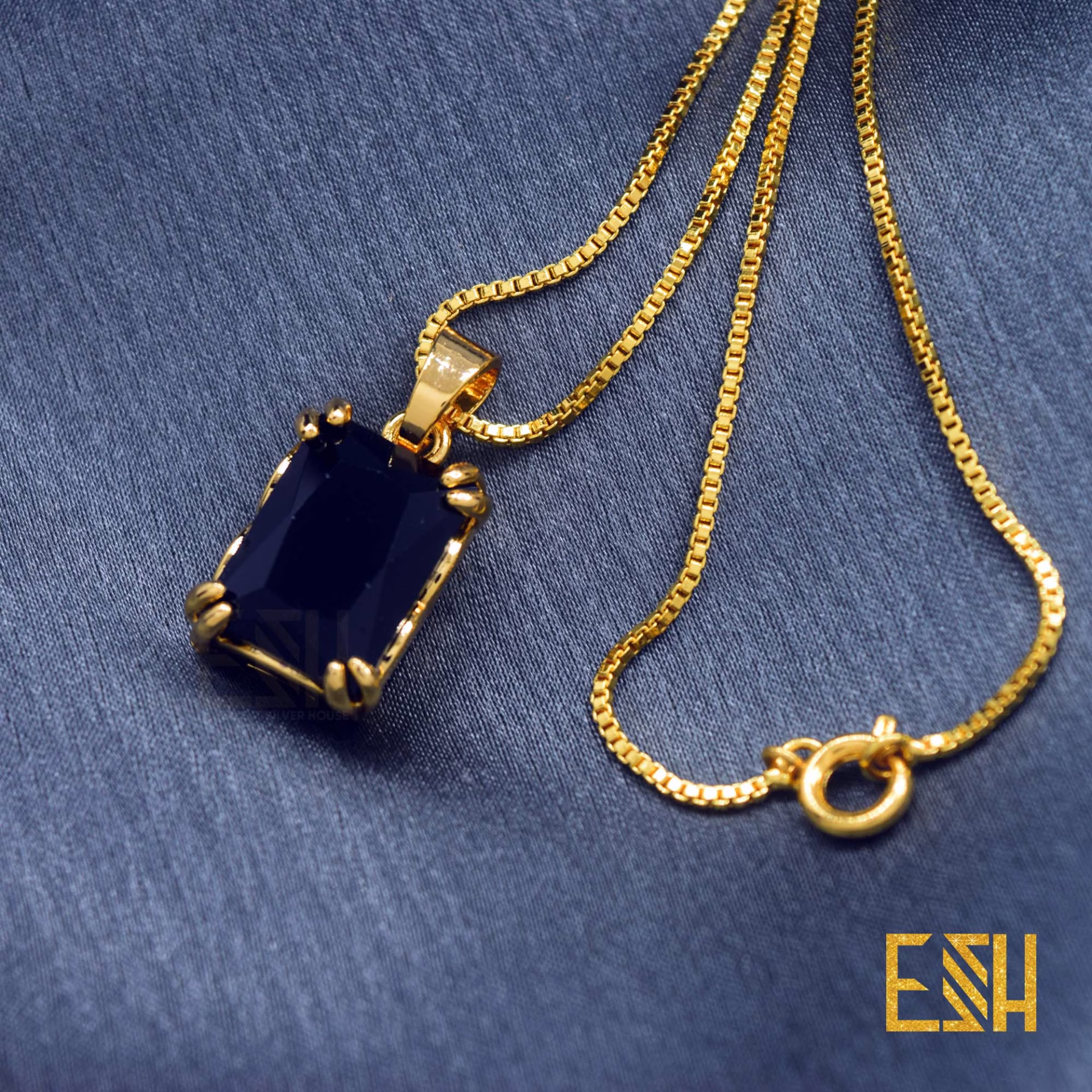 22KT gold plated 01mm chain with Cubic zirconia rectangle Black stone eye-catching rare chain and pendent for gift, girls and women's