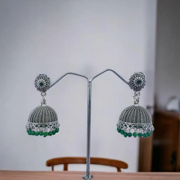 ESH silver color beautiful earring vintage weightless jimmiki earring with dark green pearl beaded and dark green color stones for women and girl