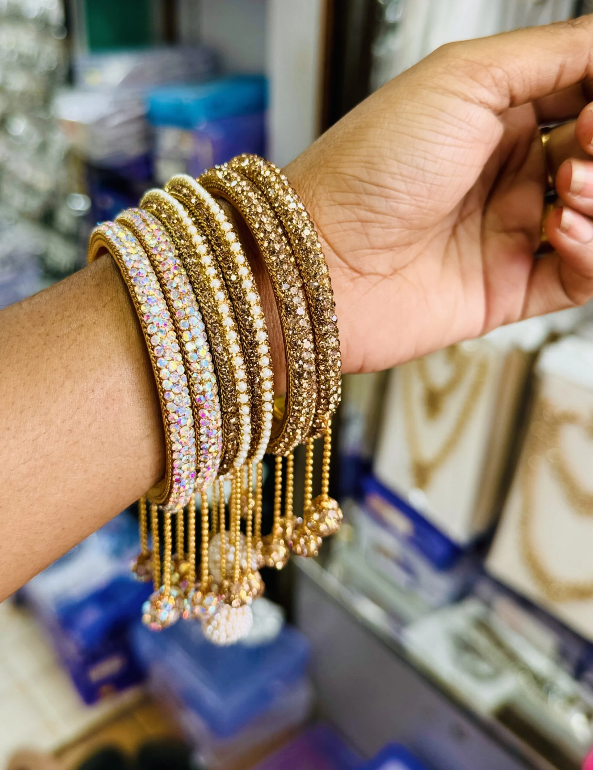 Gold color Fashion Jewlery Beautiful one pair bangle with white, gold, multi color stones and pearl for women and girl gift items for girls