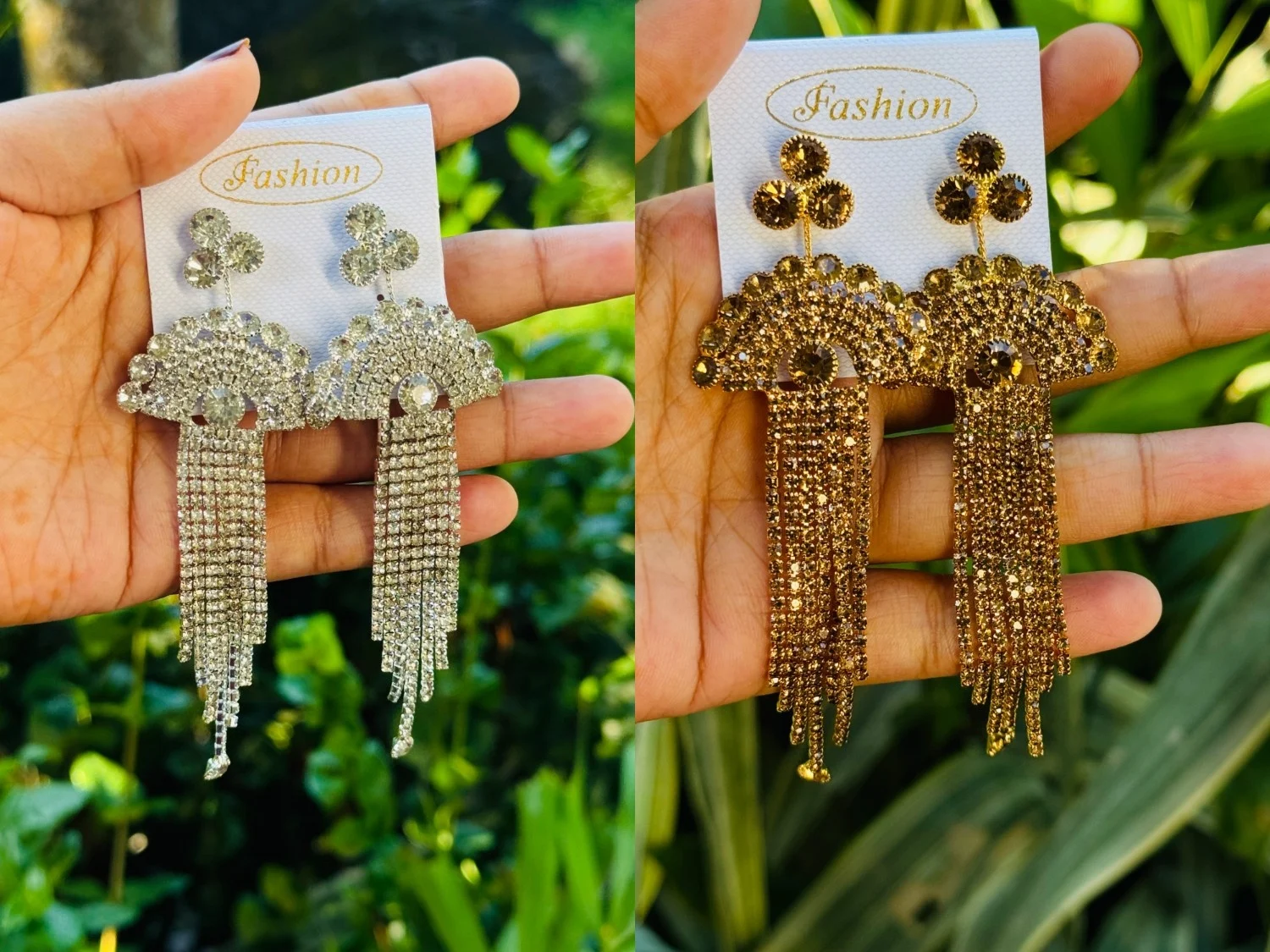Gold and silver color long tassel earring with gold and white stone for women and girl