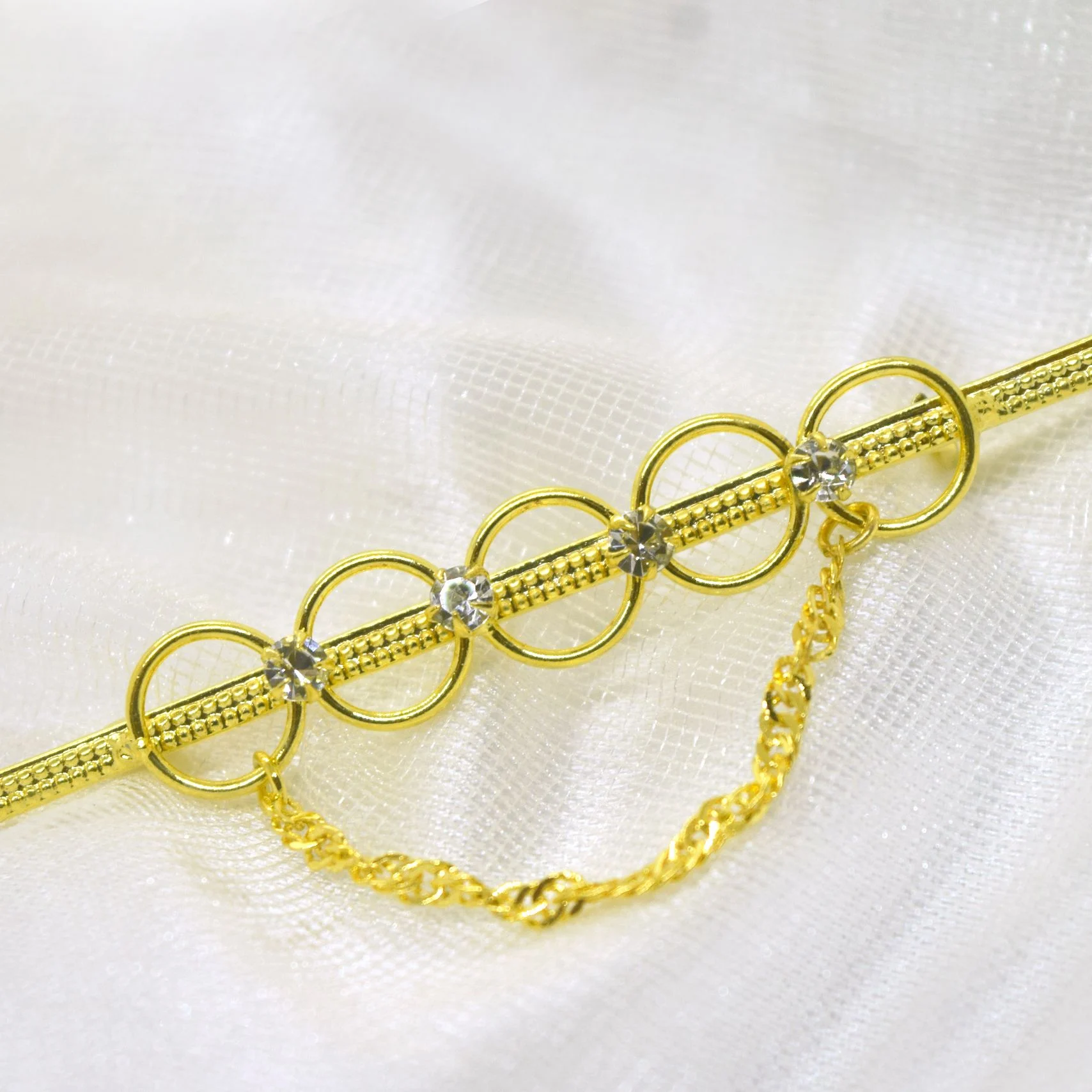 Gold plated Fashion Hanging Chain Saree Brooch With White Stone For Women