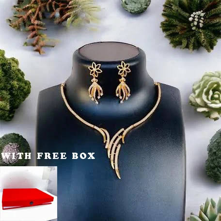Gold plated Hight Quality rich look new line design necklace and earring with fixed stone for women and girl