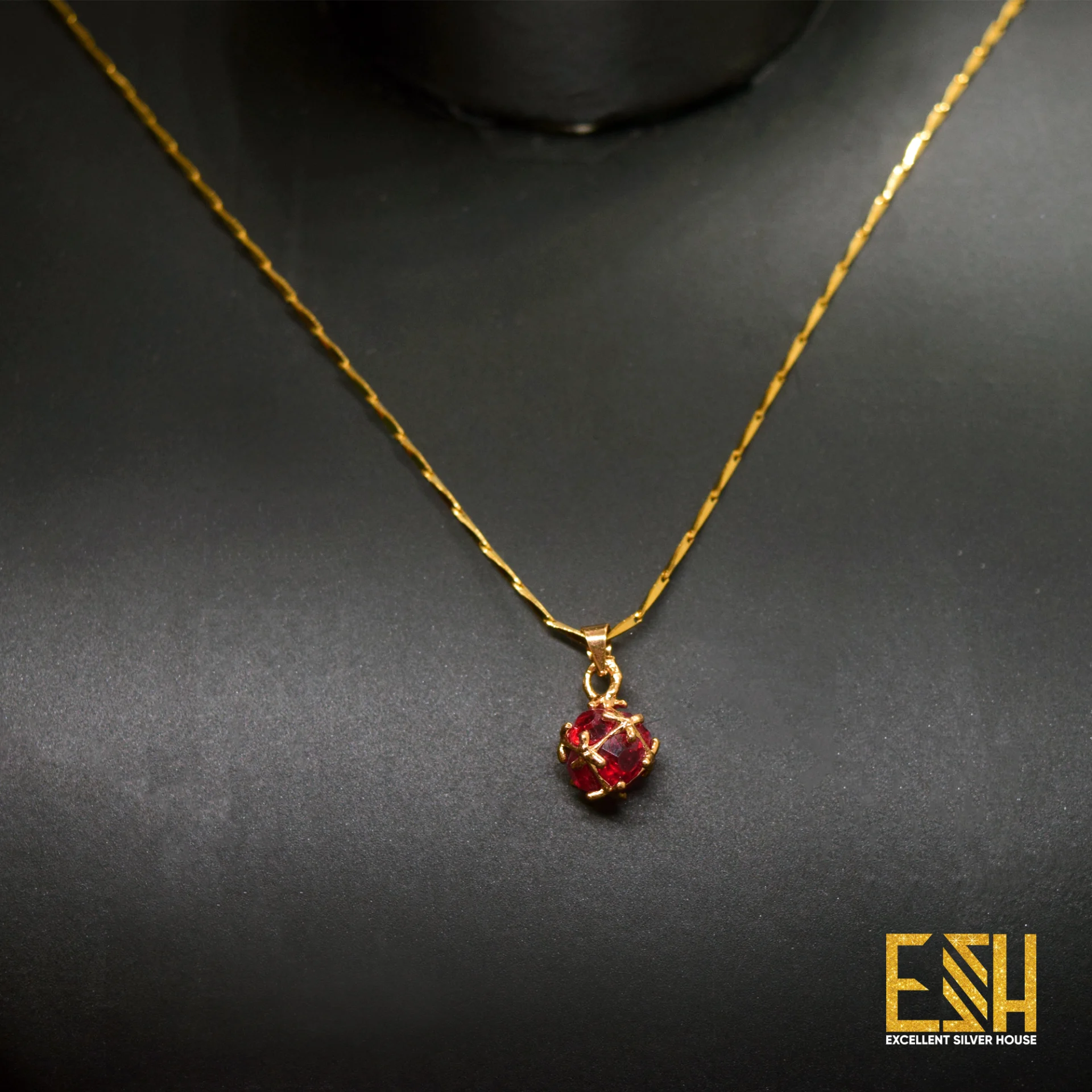 Guaranteed Gold plated V-Cut Chain with Red Stone Pendant