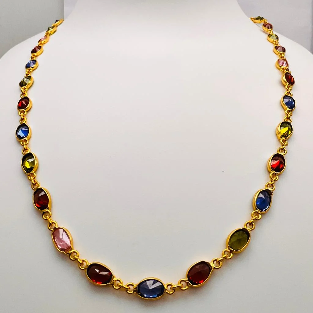 Gold plated Ladies 18/24 Inch Chain With Multi Colored Oval Stone chain for women