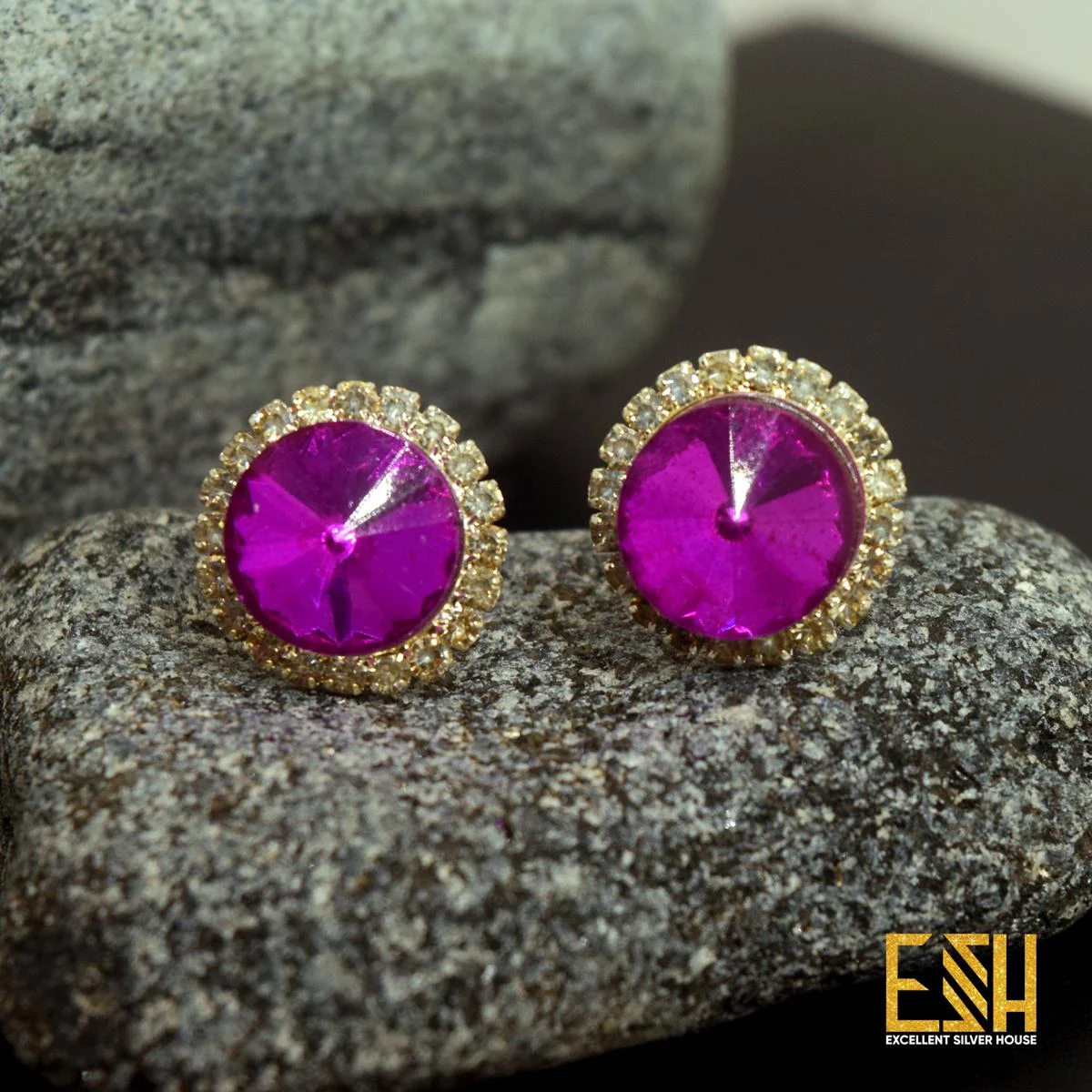 Silver plated Round Shape Earring With One line Stone ( Any Colour )