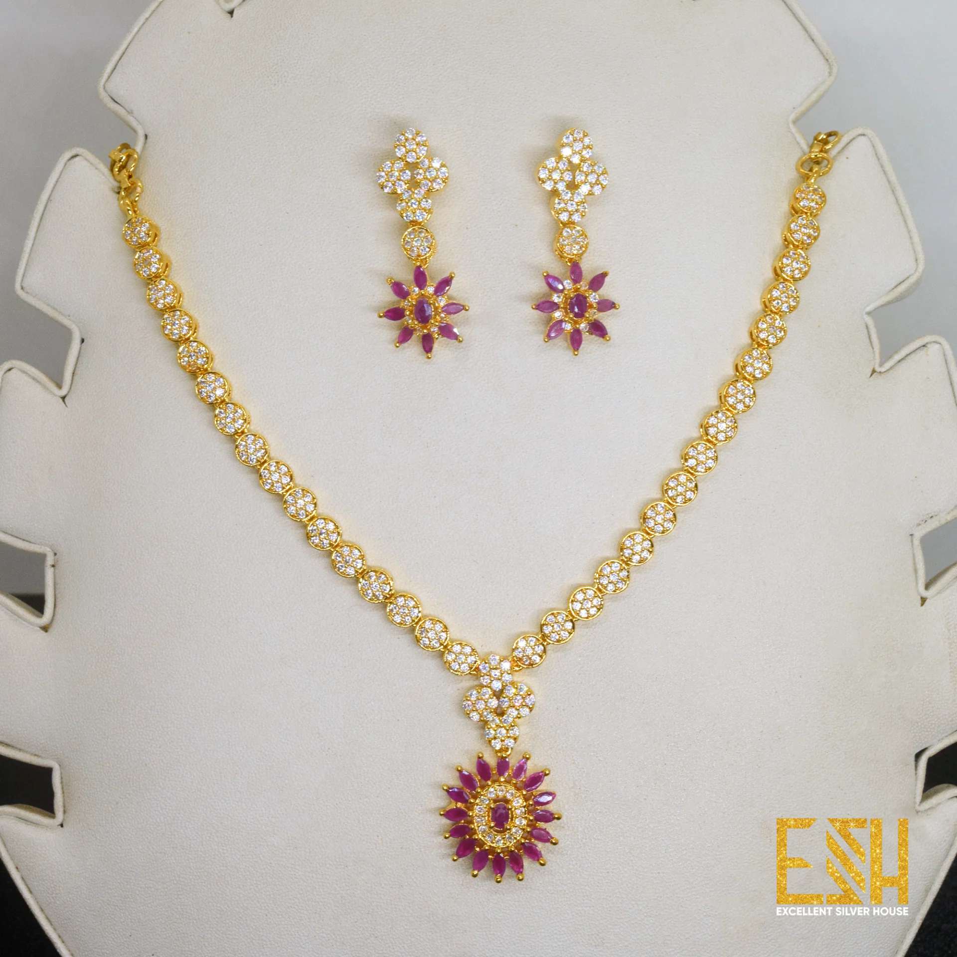Gold plated High Quality Suisse AD White and Purple Stone Necklace With Earring For Woman