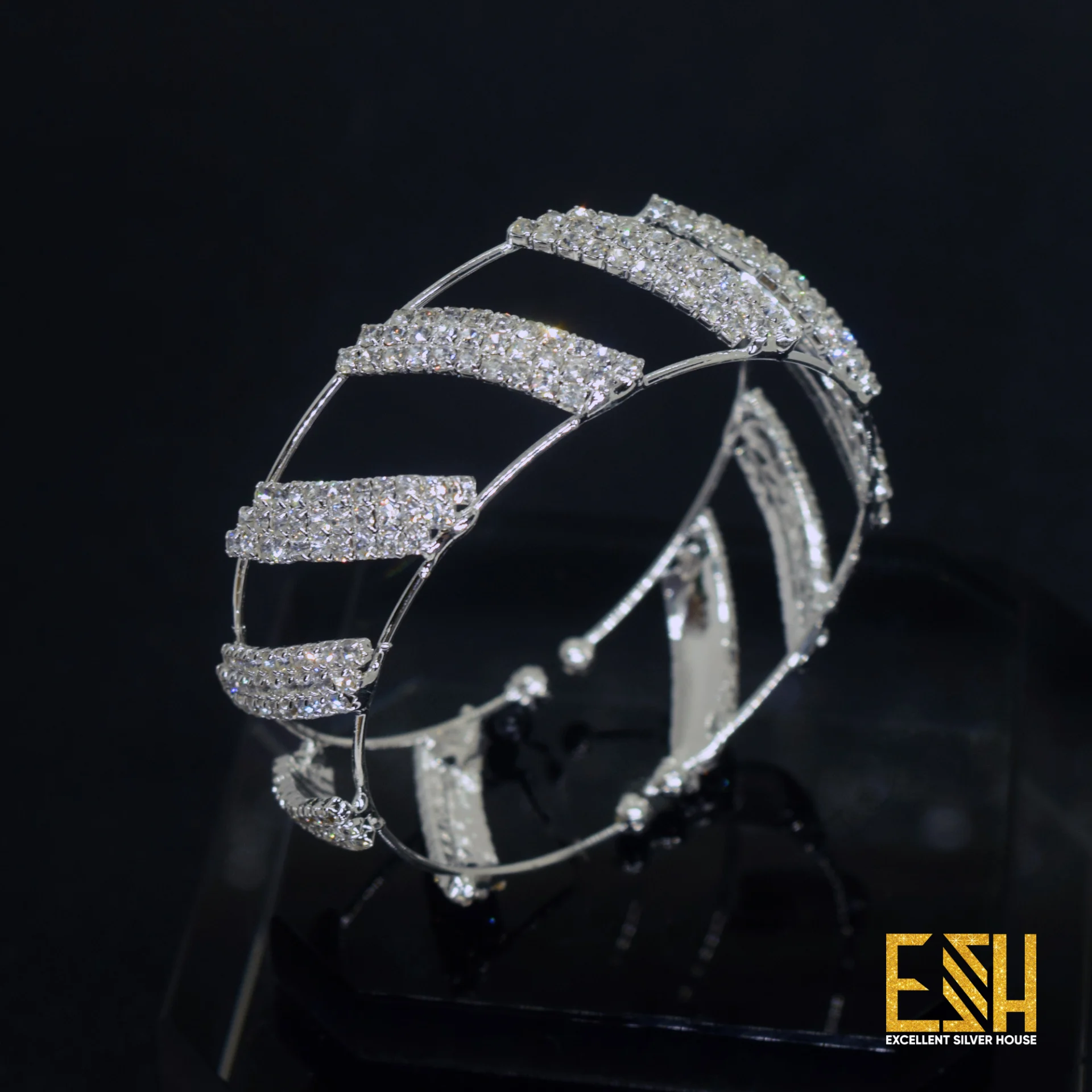 Silver Plated Free Size Bangle With White Stone For Women
