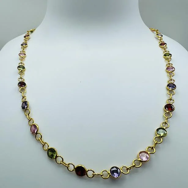 Goldplated 24Inch/ 18Inch Ladies Chain With Round Multi Colored Stone