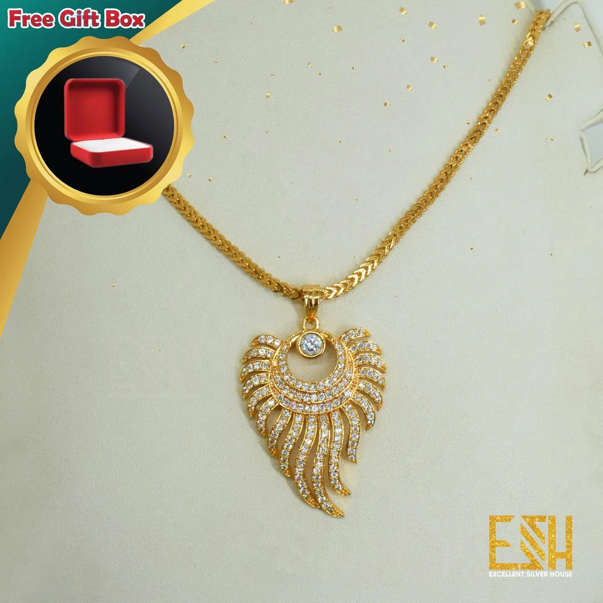 Stylish Look Gold Plated 18/24 Inch Flat Fox Chain 2.5MM With Sun Flame Theme Pendant For Women FREE GIFT BOX