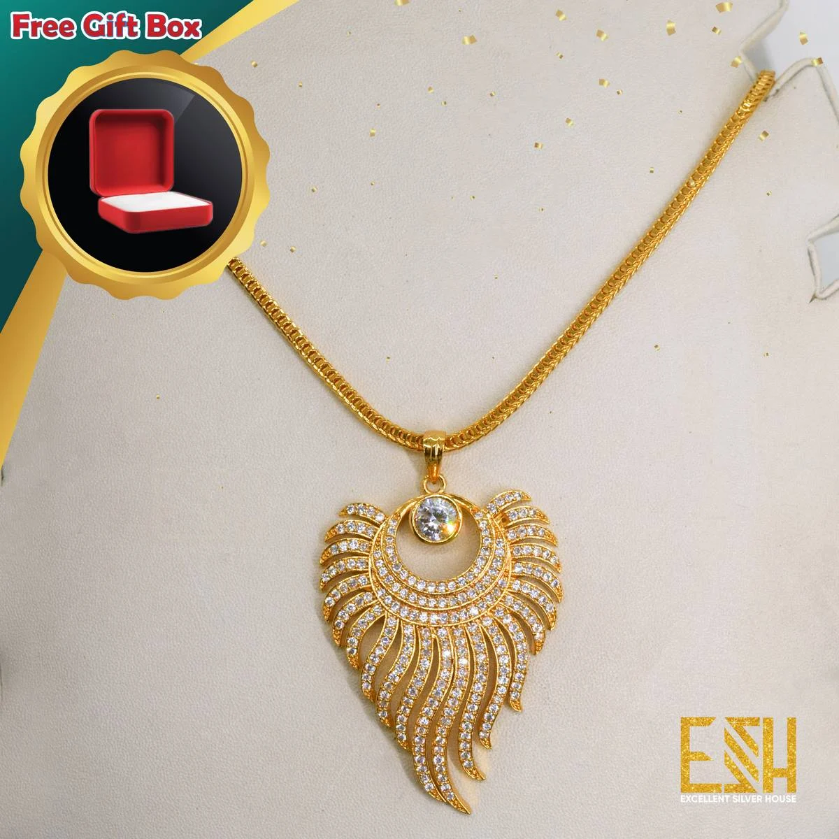Gold Plated 24Inch Short Stylish Look Fox Chain 3MM With King Size Sun Flame Theme Pendant For Ladies With FREE GIFT BOX