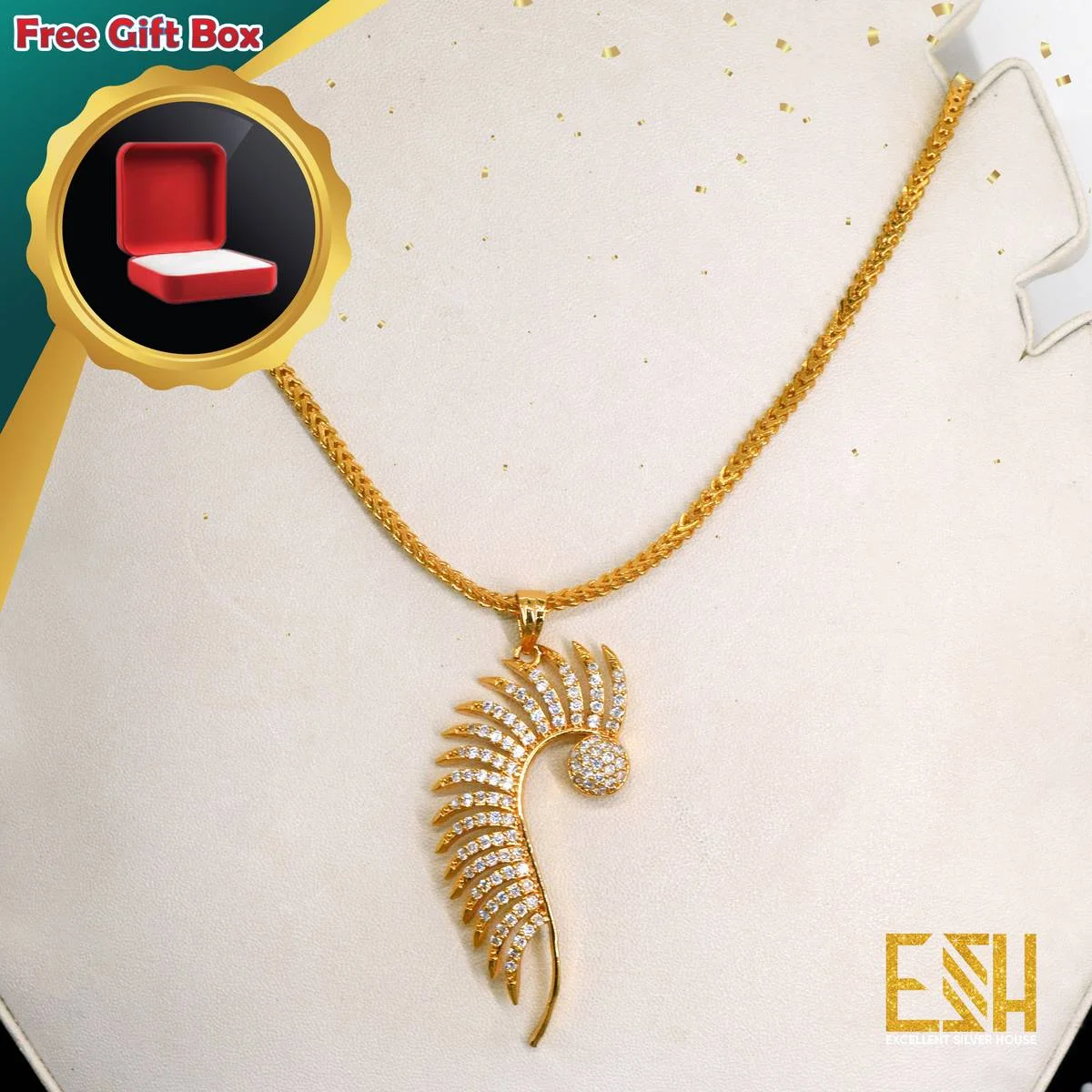 Gold Plated 18/24 Inch's Short Stylish Look Medium Singapore square Fox Chain 2.5mm with Half Peacock Theme Pendant for gift, girls and women