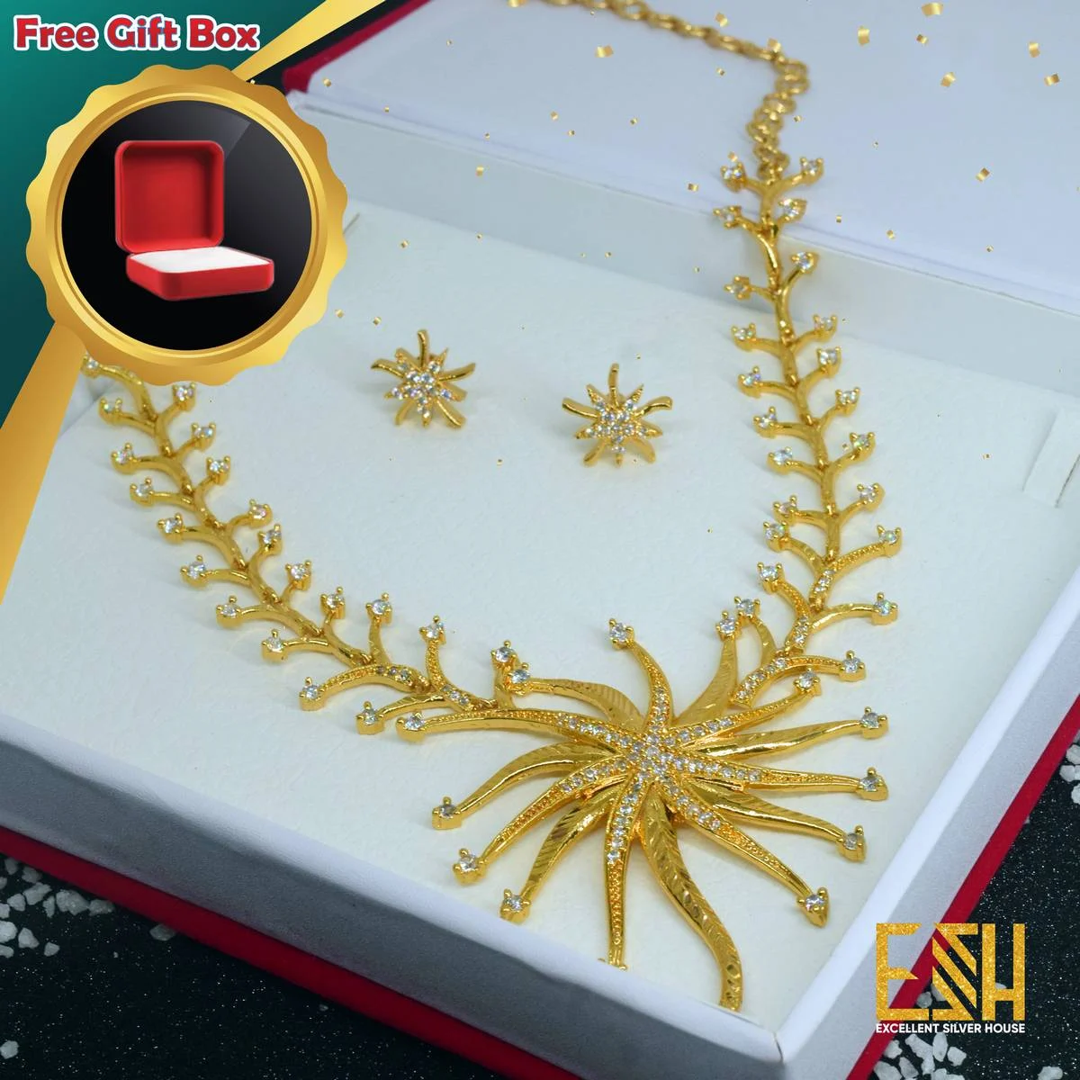 Gold plated High Quality AD Stone Necklace With Earring For Woman FREE GIFT BOX