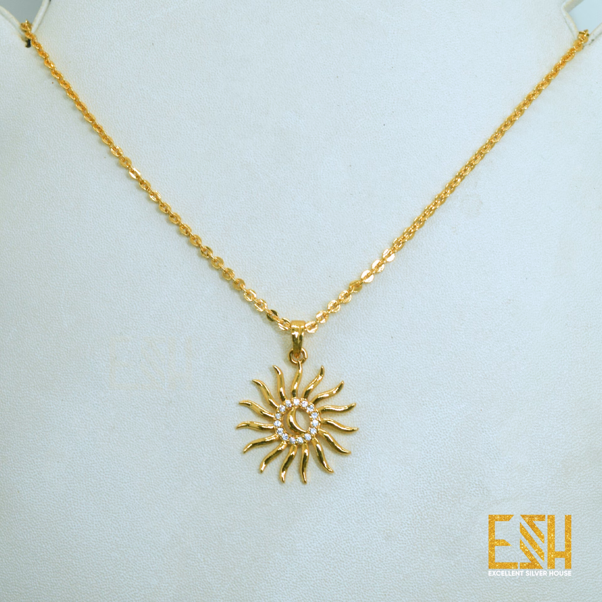 ESH Gold Plated Guaranteed 1.5MM New Trend Stylish Round Diamond Chain 18/24 Inch Beautiful Design with New Sun Theme White Stone Pendant for gift, girls and women's