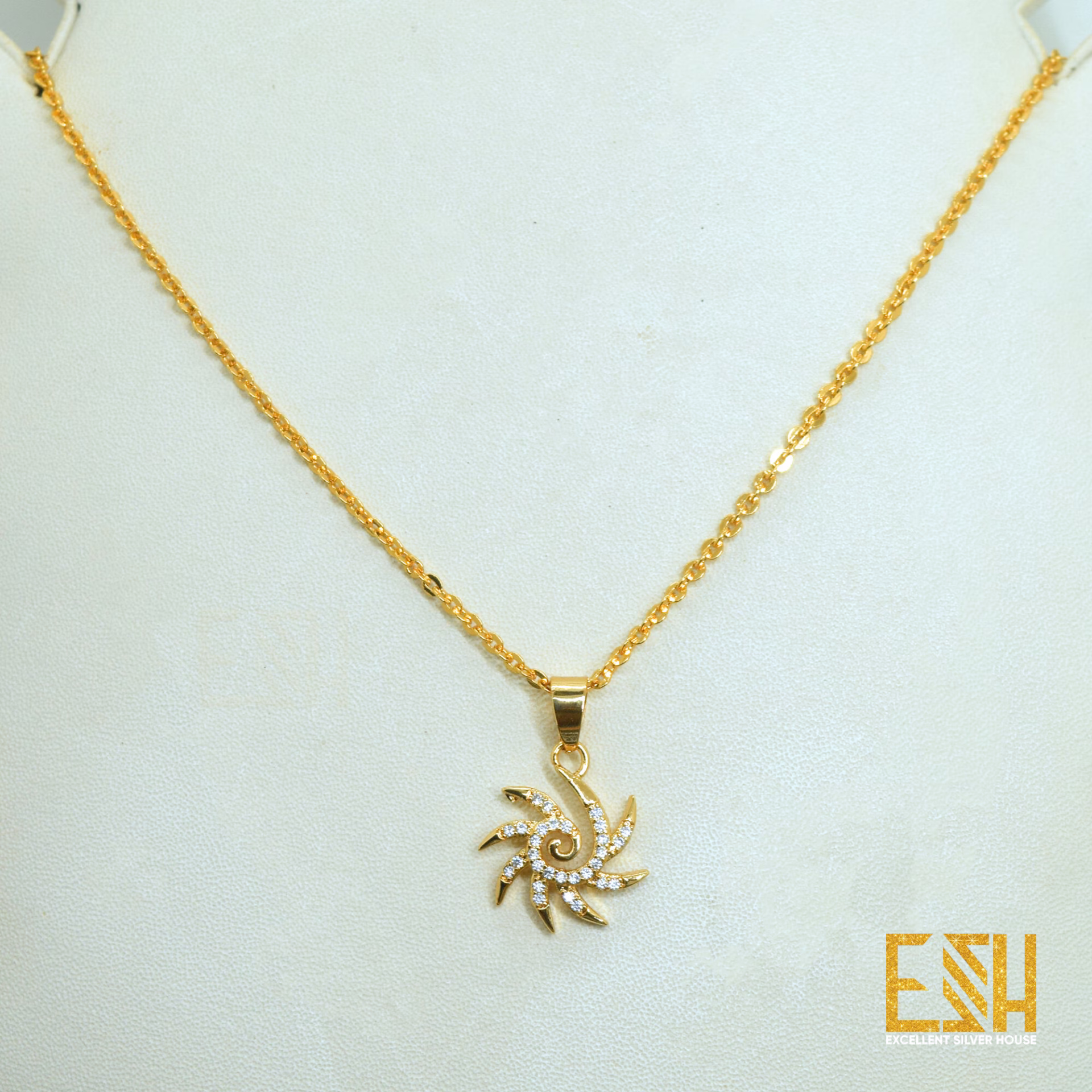 ESH Gold Plated Guaranteed 1.5MM New Trend Stylish Round Diamond Chain 18/24 Inch Beautiful Design with New Sun Theme Small White Fixed Stone Pendant for gift, girls and women's
