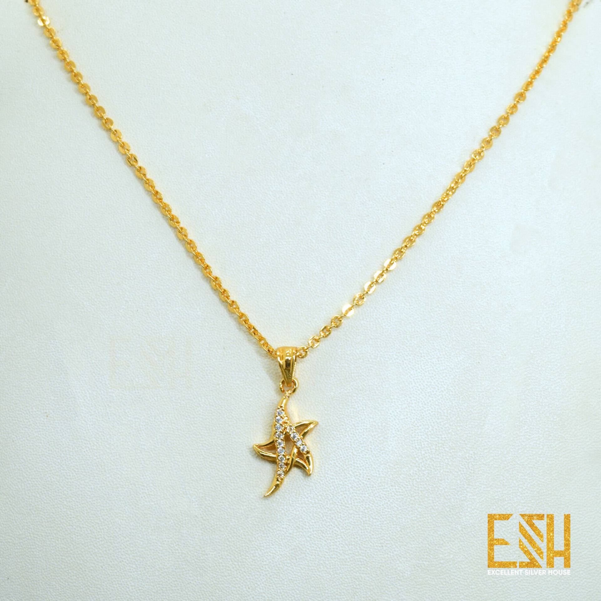 ESH Gold Plated Guaranteed 1.5MM New Trend Stylish Round Diamond Chain 18/24 Inch Beautiful Design With New Star Theme White Fixed Stone Pendant FREE GIFT BOX