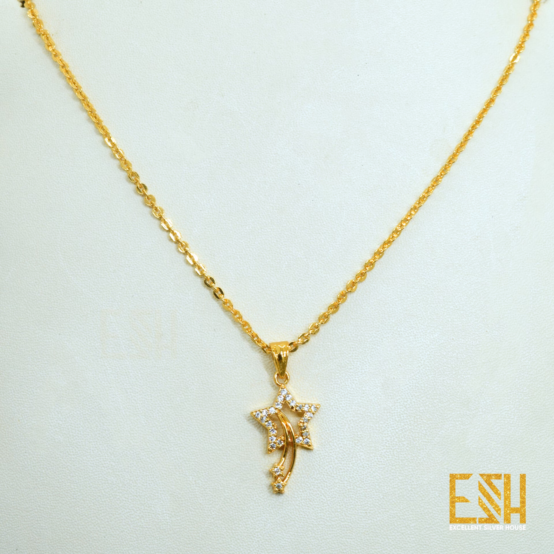 ESH Gold Plated1.5MM New Trend Stylish Round Diamond Chain 18/24 Inch Beautiful Design with New Vaalmiki Star Theme Fixed Stone Pendant for gift, girls and women's