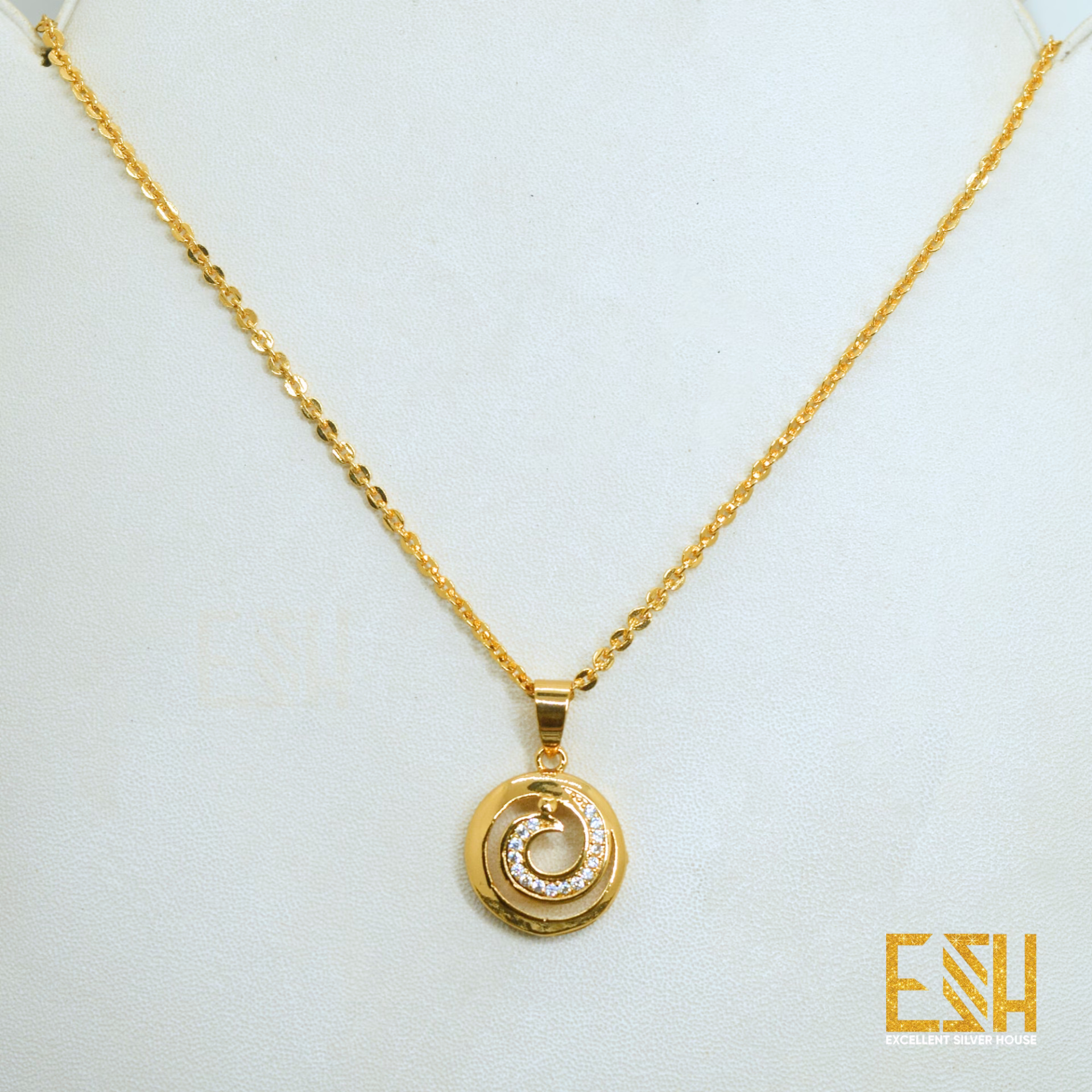 ESH Gold Plated Guaranteed 1.5MM New Trend Stylish Round Diamond Chain 18/24 Inch's Beautiful Design with Derana Theme Fixed Stone Pendant for gift, girls and women's