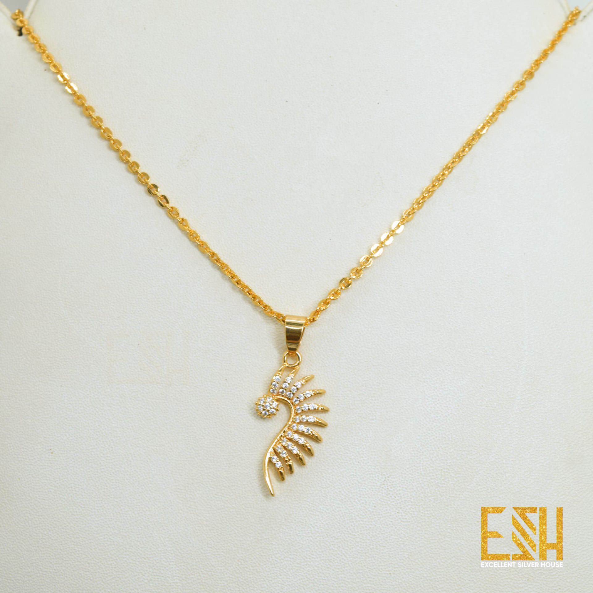ESH Gold Plated 1.5MM New Trend Stylish Round Diamond Chain 18/24 Inch Beautiful Design with Half Peacock Theme Fixed Stone Pendent for gift, girls and women's