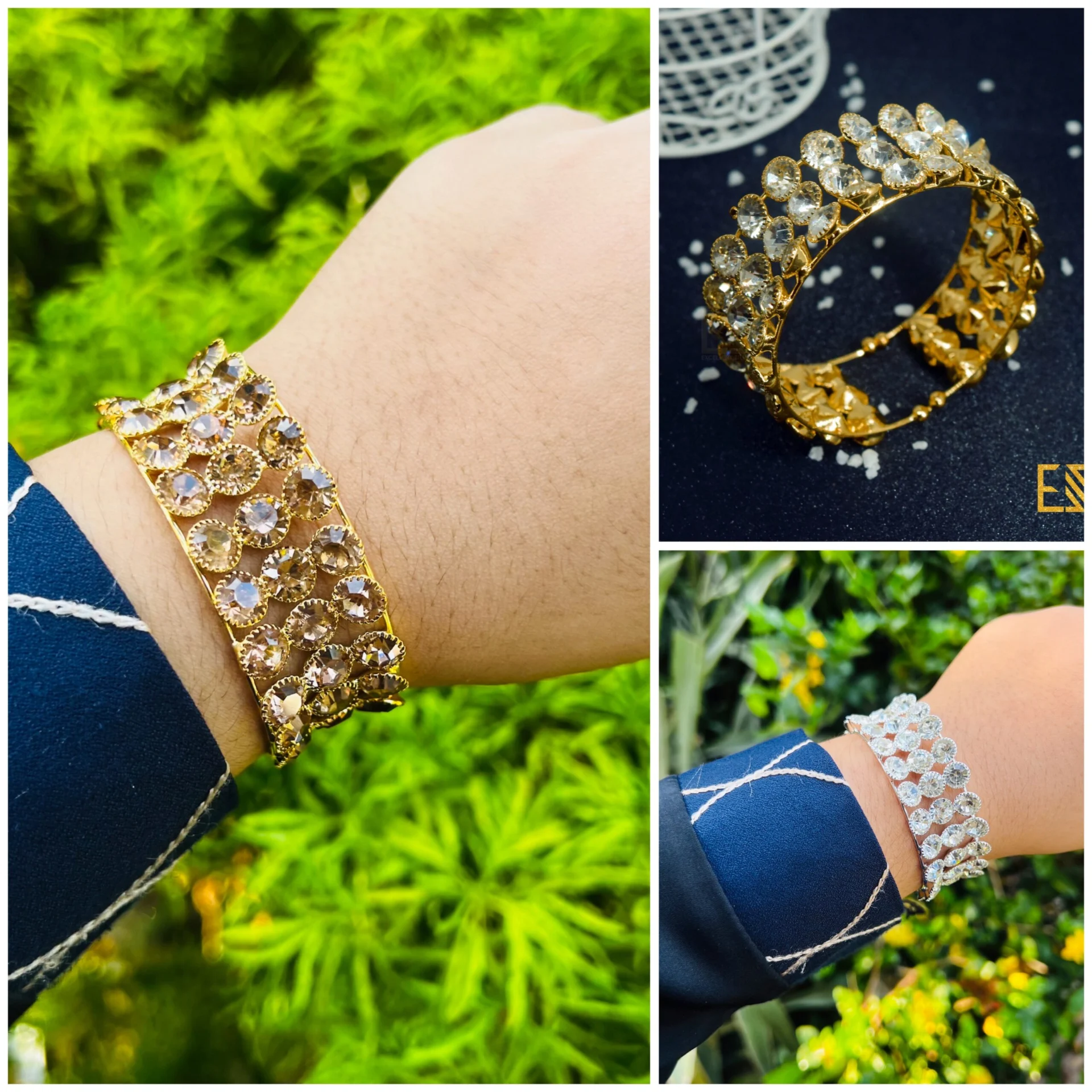 ESH Fancy Gold, silver Free Size Bangle With Full White and gold Stone For Women