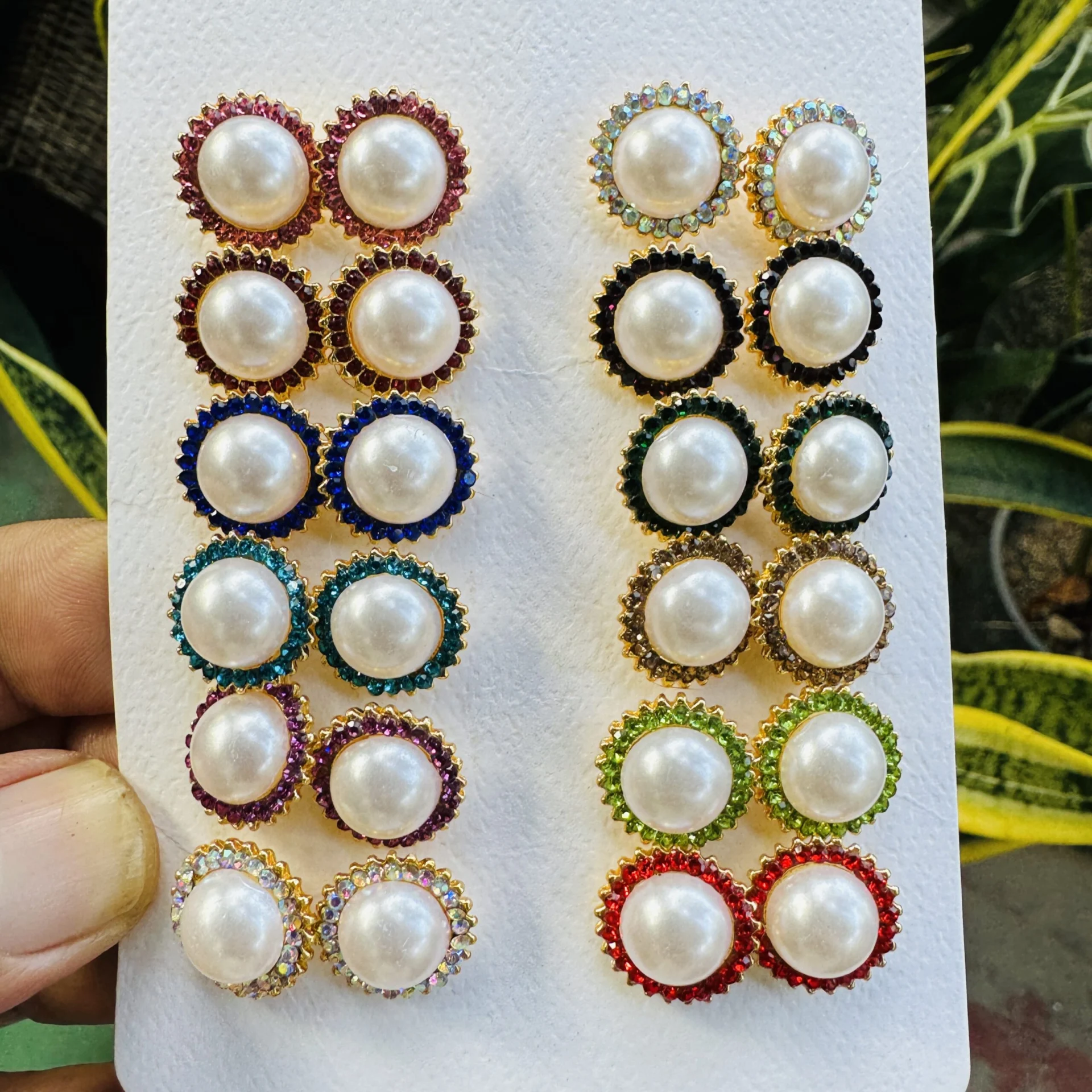 Rose gold color big round pearl stud earring with red, maroon, blue, green, black, gold color stone for women and girl