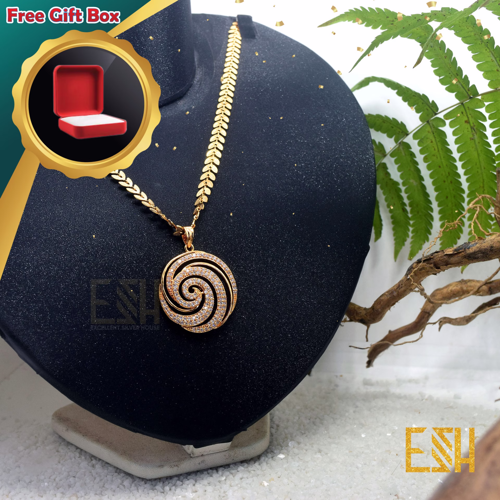 Gold Plated ESH Leaf Chain 18/24 Inch With Big Derana Pendant Durable Combo jewellery For Women Love Gift