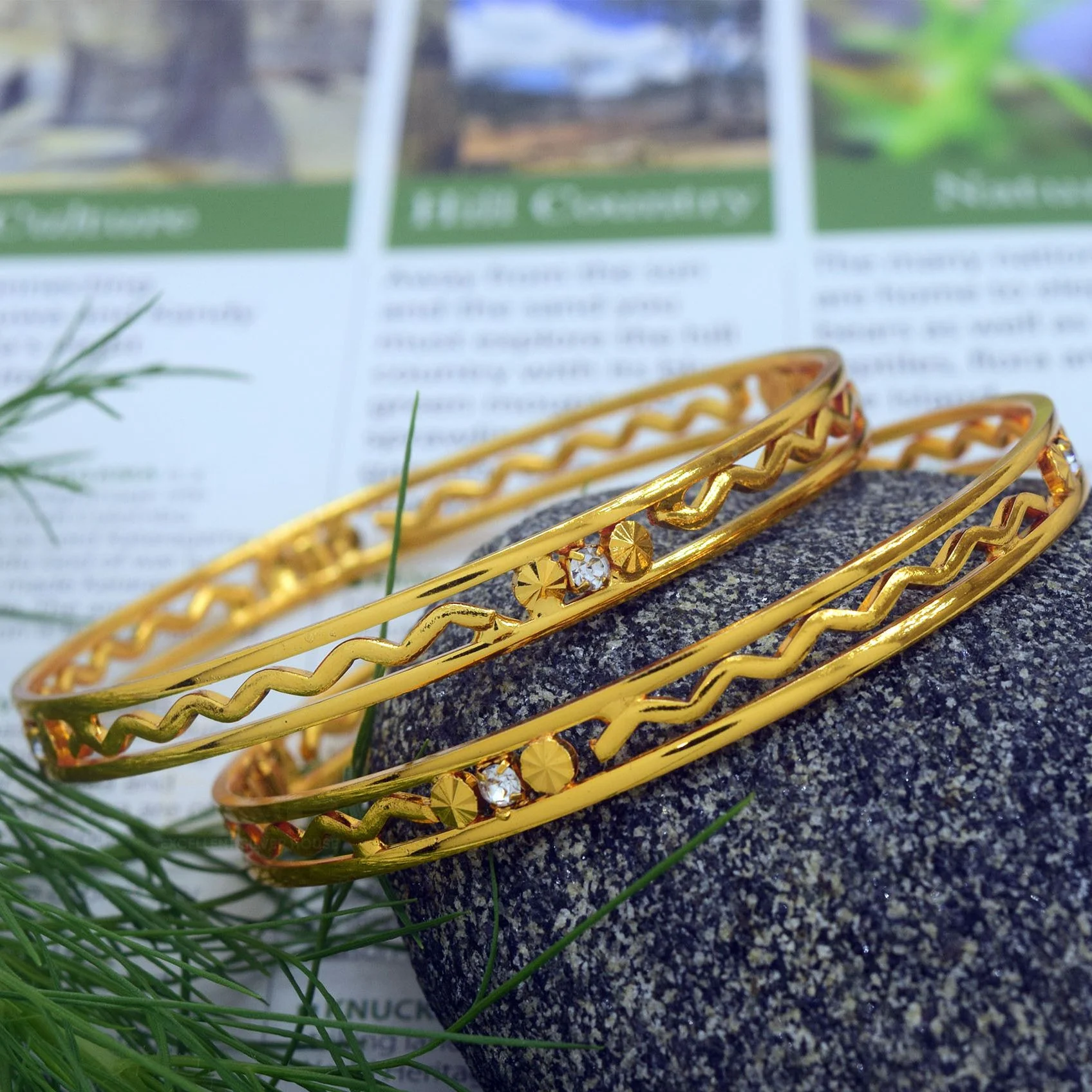 Gold plated Two line Charm Bangle Stylish Rich Look Guaranteed Without Stone For Women