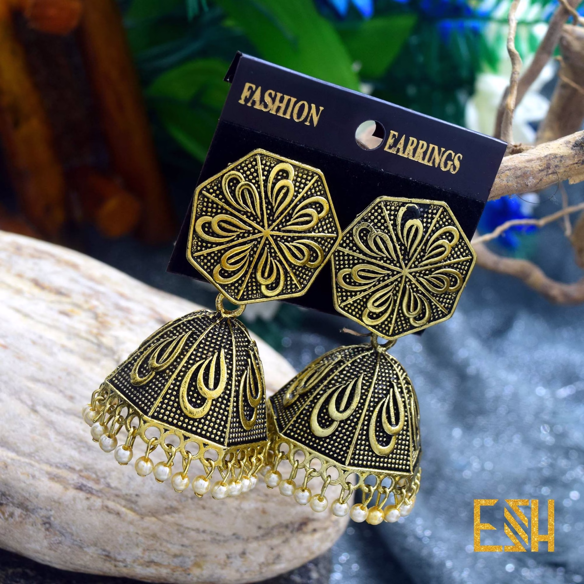 Dull Gold Plated Jimikki Fashion Durable Earrings Atapattam Design With Pearl For Women & Girl