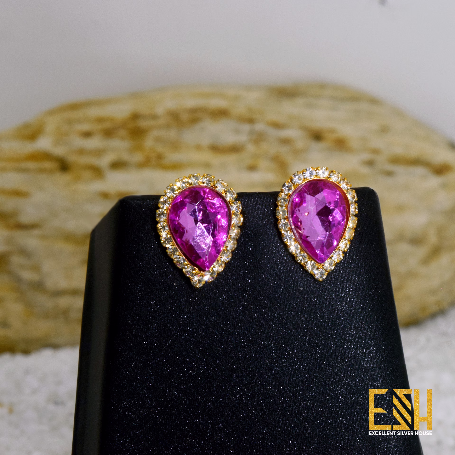 Gold plated Water Drop Theme Earring With one line Stone ( Any Colour )