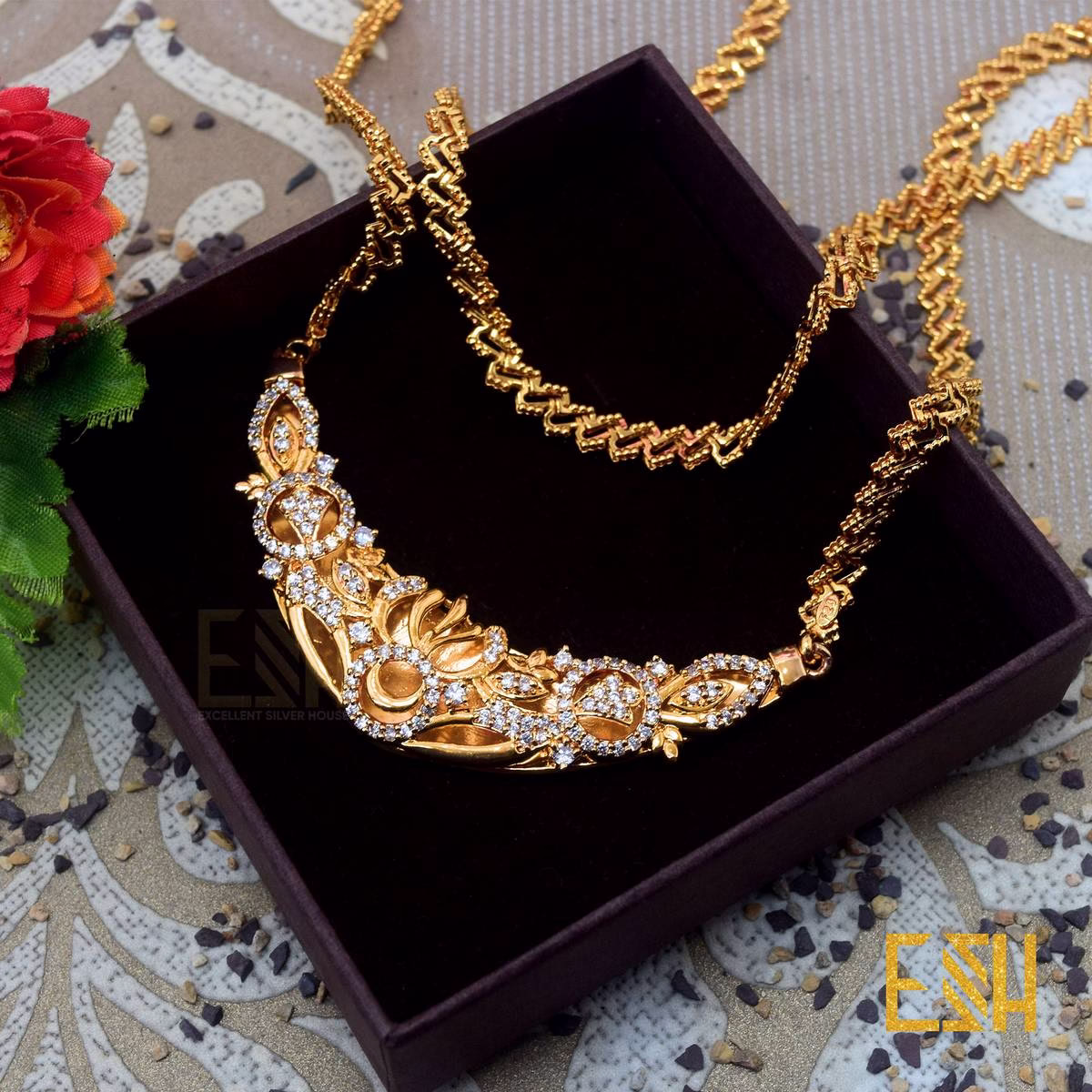 Gold Plated Traditional Bridal Sawadi Pendant With 05MM Flat Fox Chain Long For Women