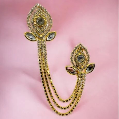 gold stone LEEF Saree brooch with hanging chain With stones High Quality Gold Color for Women Wedding Dress and For Women Party Pins Birthday Gifts