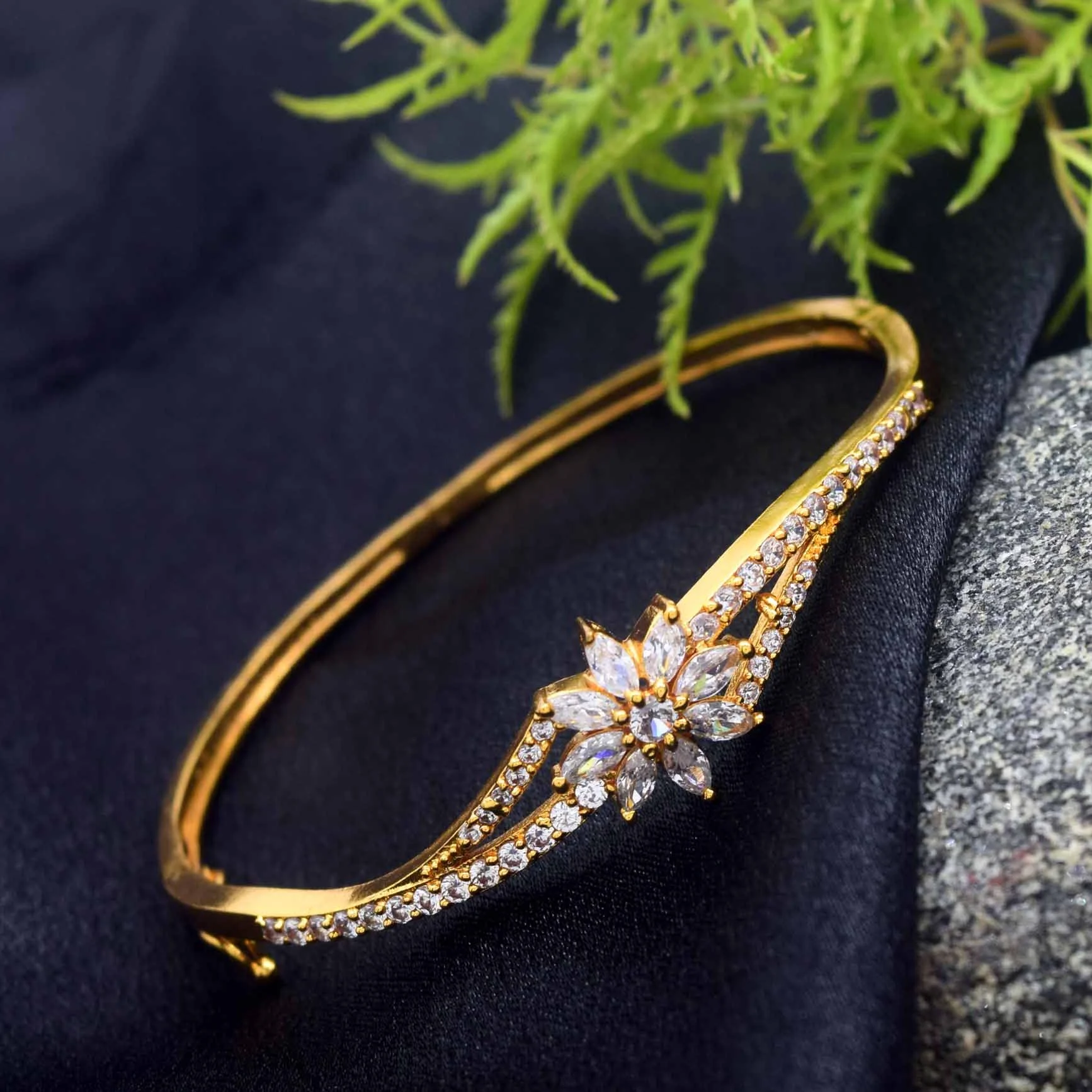 ESH Hight Quality gold plated Free Size lock Lover Stylish bangle with white stones flower design Eye-catching Design For Women & girls Jewelry