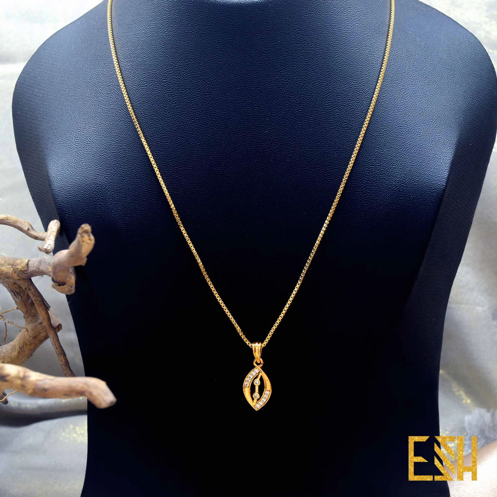Esh Gold Plated Rich Look new stylish 01mm, 18/24 inch's Box Chain Beautiful Design with Eye Design Fixed Stone Pendant for gift, girls and women's