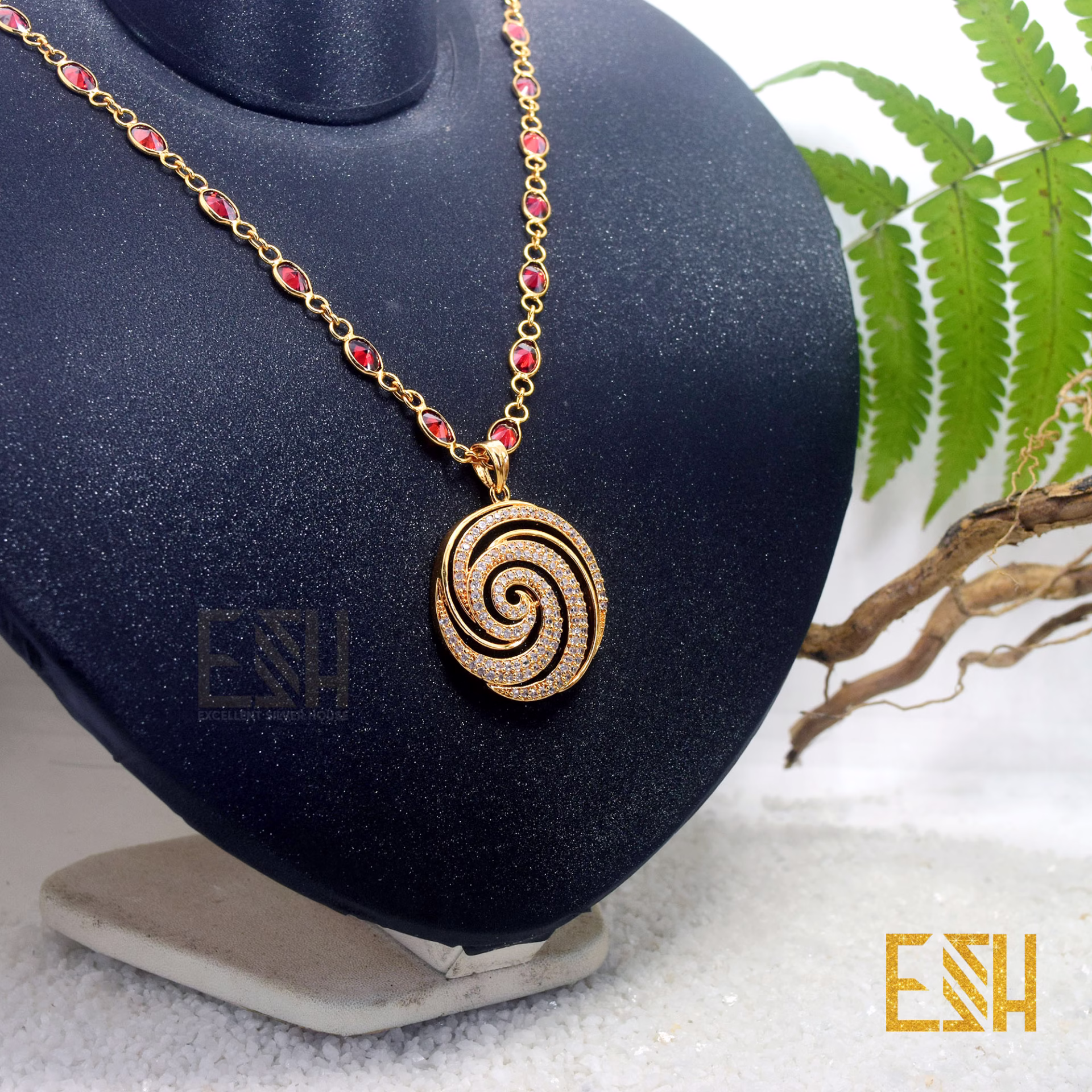 Gold Plated ESH Oval Shape Red Color Stone Chain 18/24 Inch Short With Big Derana Pendant Durable Combo jewellery For Women Love Gift