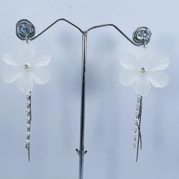 Silver plated stylish beautiful earring with white flower and white stone pearl and silver line drop earring for women and girl