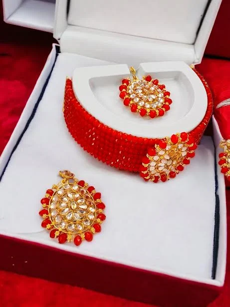 ESH Adorable Gold-Plated RED color crystal Pearl Choker Necklace Set for Women and girl With free box