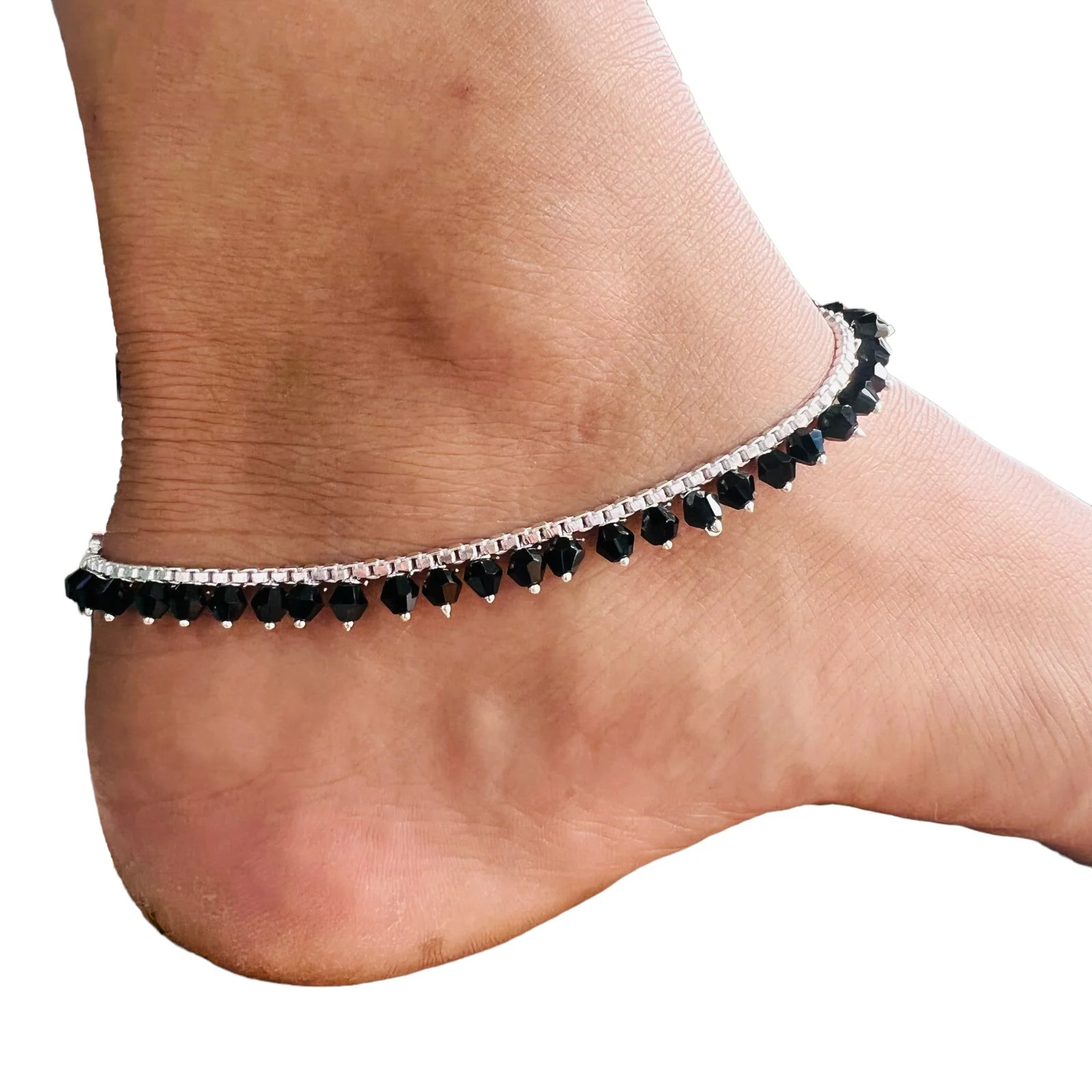 Silver Plated Traditional pair of Karina Type Anklet pada salan Foot Jewelry Payals Kolusu With Hanging Type Black Stone for Women gift items for girls