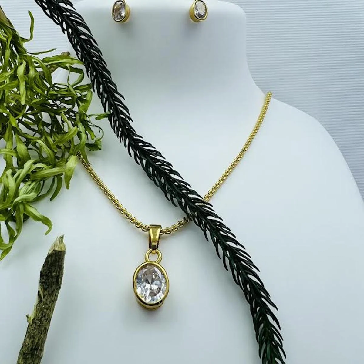 Gold Plated 1MM Diamond Chain with Beautiful Ovel White Pendant and Earring For Girl and women