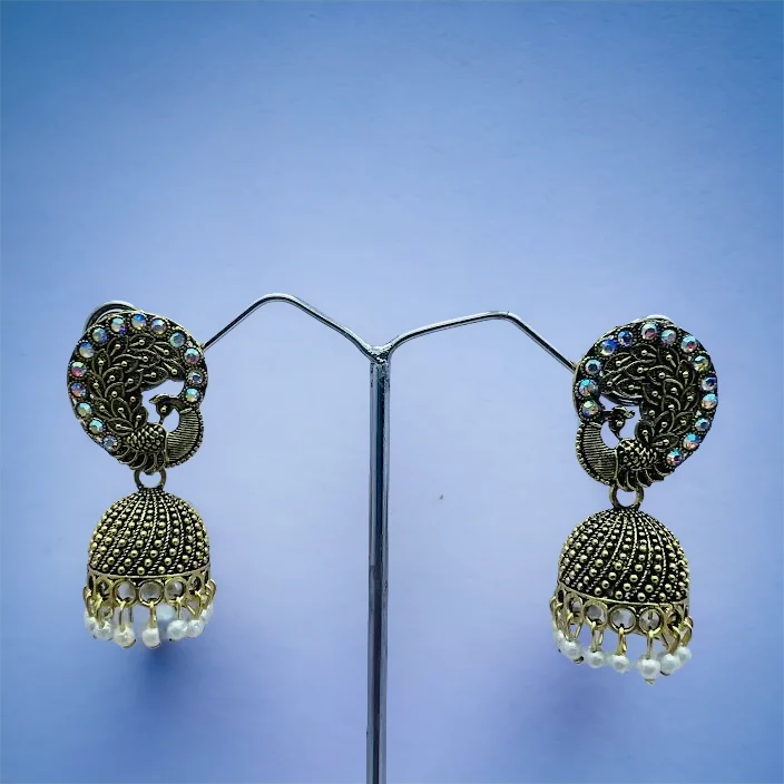Gold color earing South Indian Round Pearl Moti Big Feather Peacock with pearl drop Jhumkas Jhumka jimikki Earings For Women, girls, Ladies