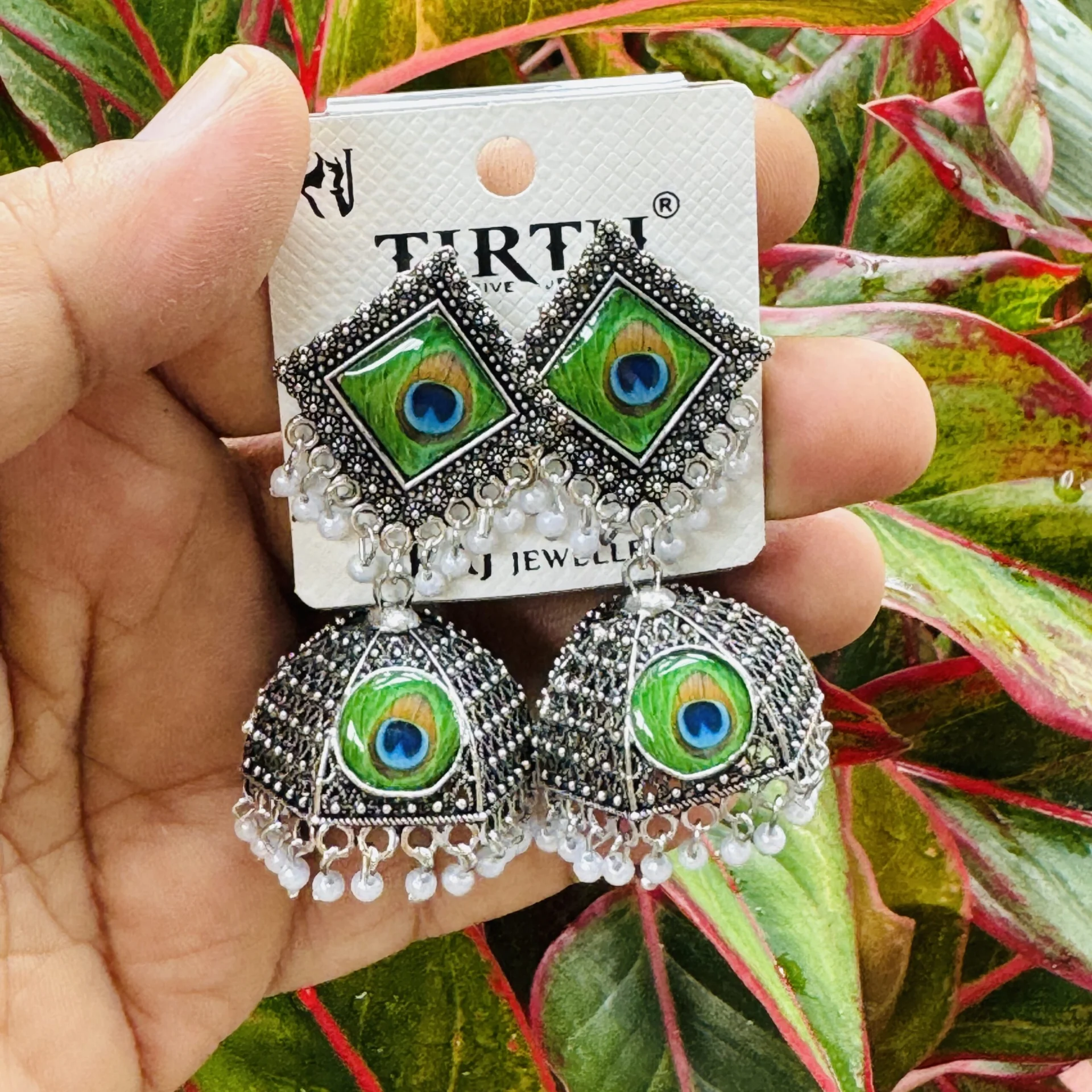 Oxidize silver color big drop beautiful peacock feather design jimikky earring with white pearl for women and girl