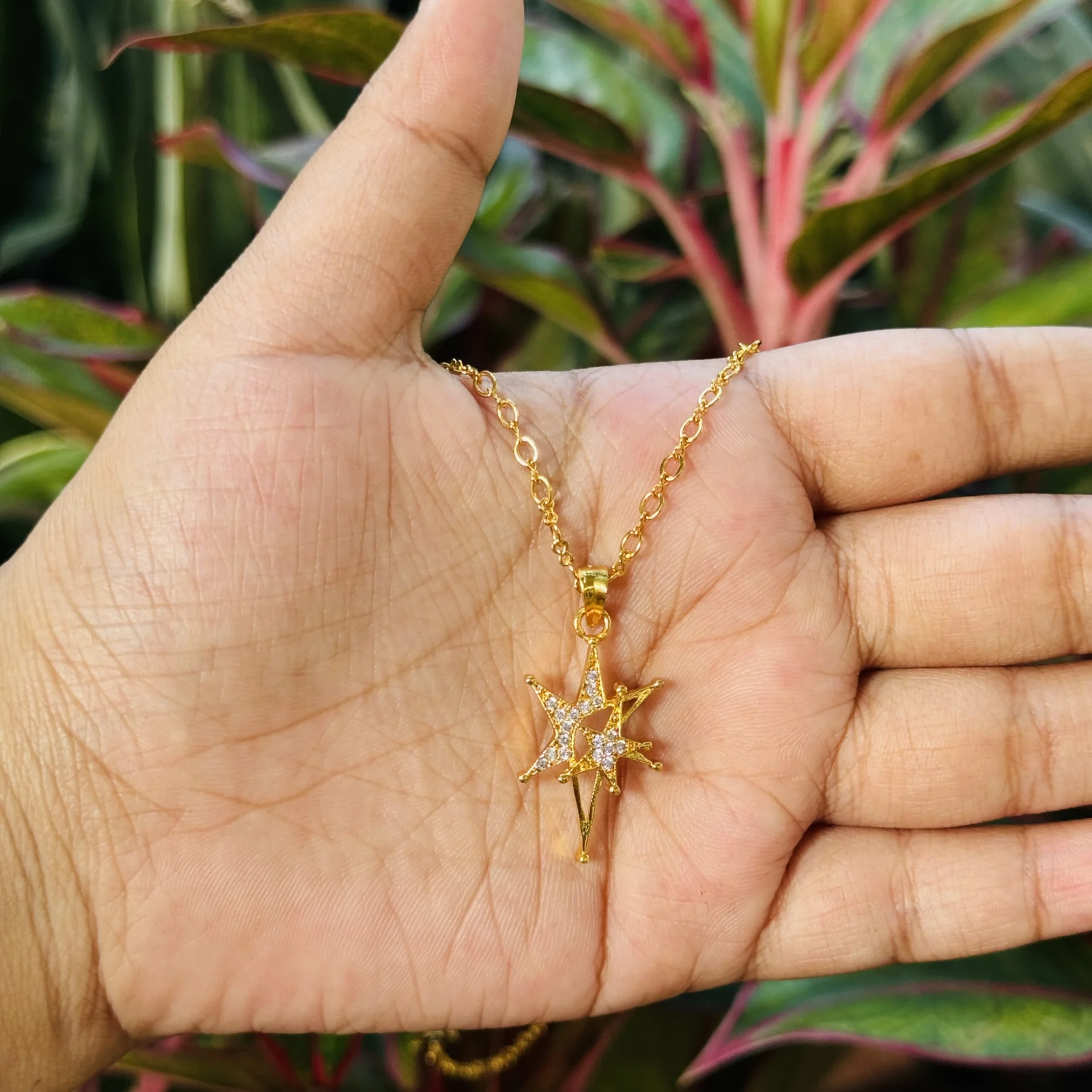 Gold plated beautiful, double star pendent and 4mm link chain, necklace for gift, women's and girls