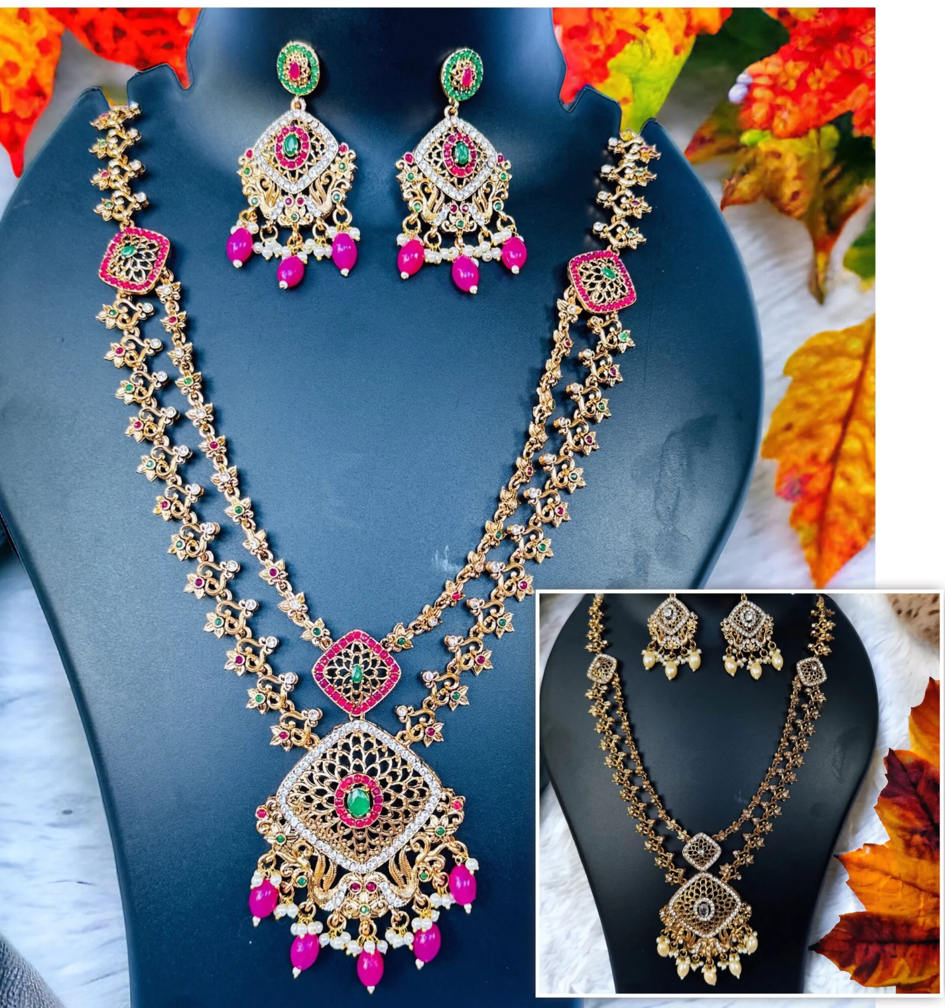 Gold color Myra Fashion Long Necklace Set with Peacock Design with white, green and pink stone and white, pink pearl for women and girl
