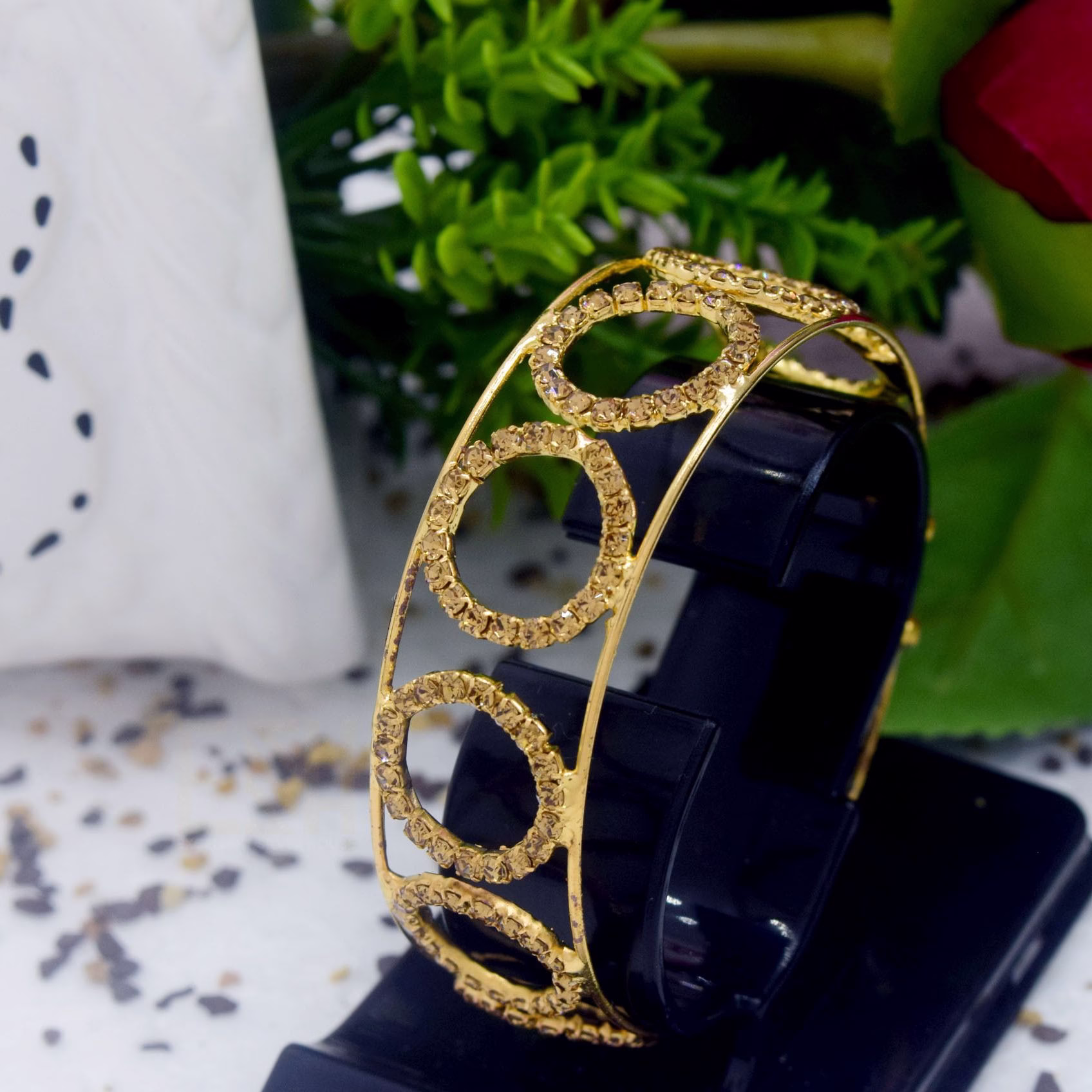 Fancy Gold New Round Type Free Size Bangle Bracelet With Fixed LCD Stone For Women Gift ( Fit For Any Hand )