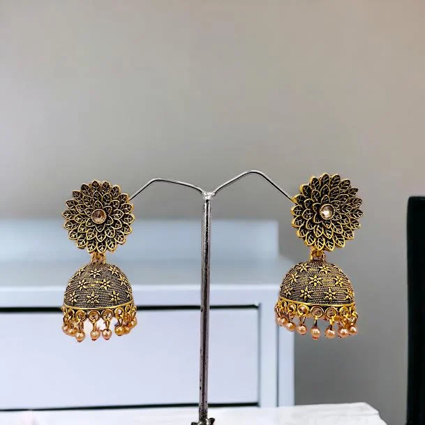 ESH black Dull gold Indian Bollywood flower theme jimikki earring with rose gold pearl for women and girl