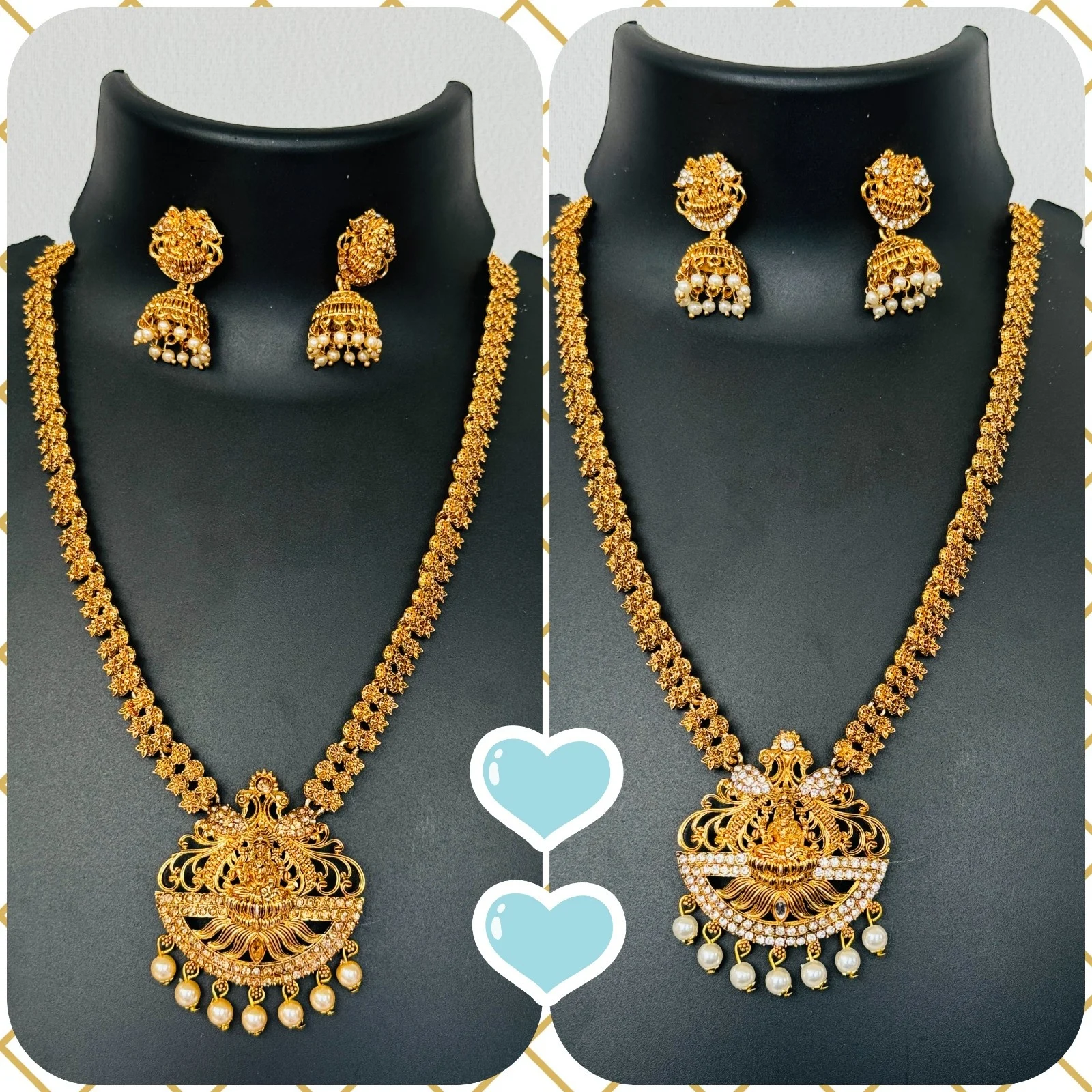 Gold color temple design long necklace set with silver color stone and off-white pearl for women and girl