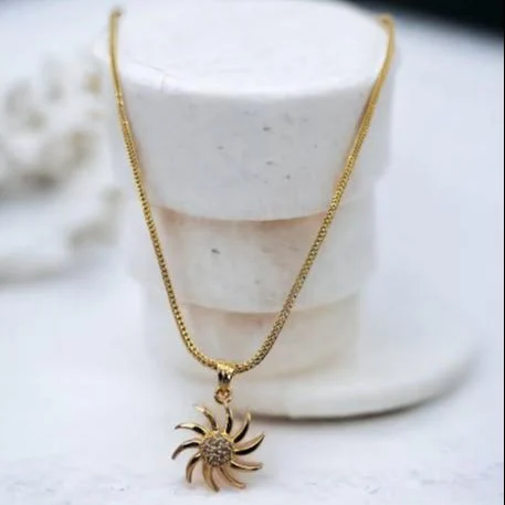 Gold Plated Chein 2MM fox Chain with Beautiful sun pendent with fixed stone for women and girl