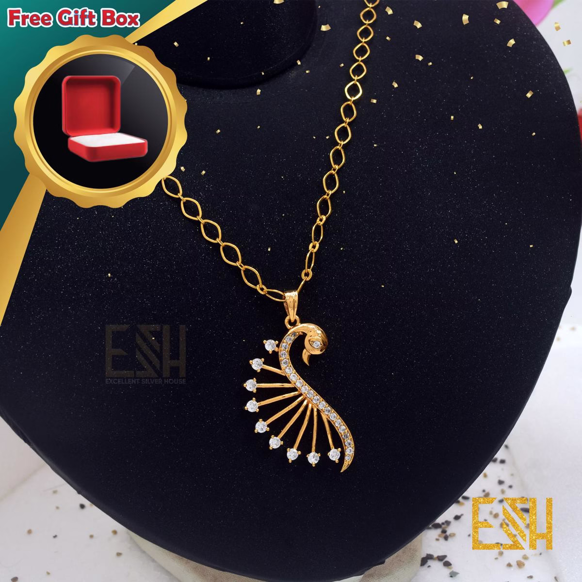 Gold Plated ESH 05MM Plain Link Chain 18/24 Inch With Rich Look Big slim Peacock theme pendant Durable Combo jewellery For Women Love Gift